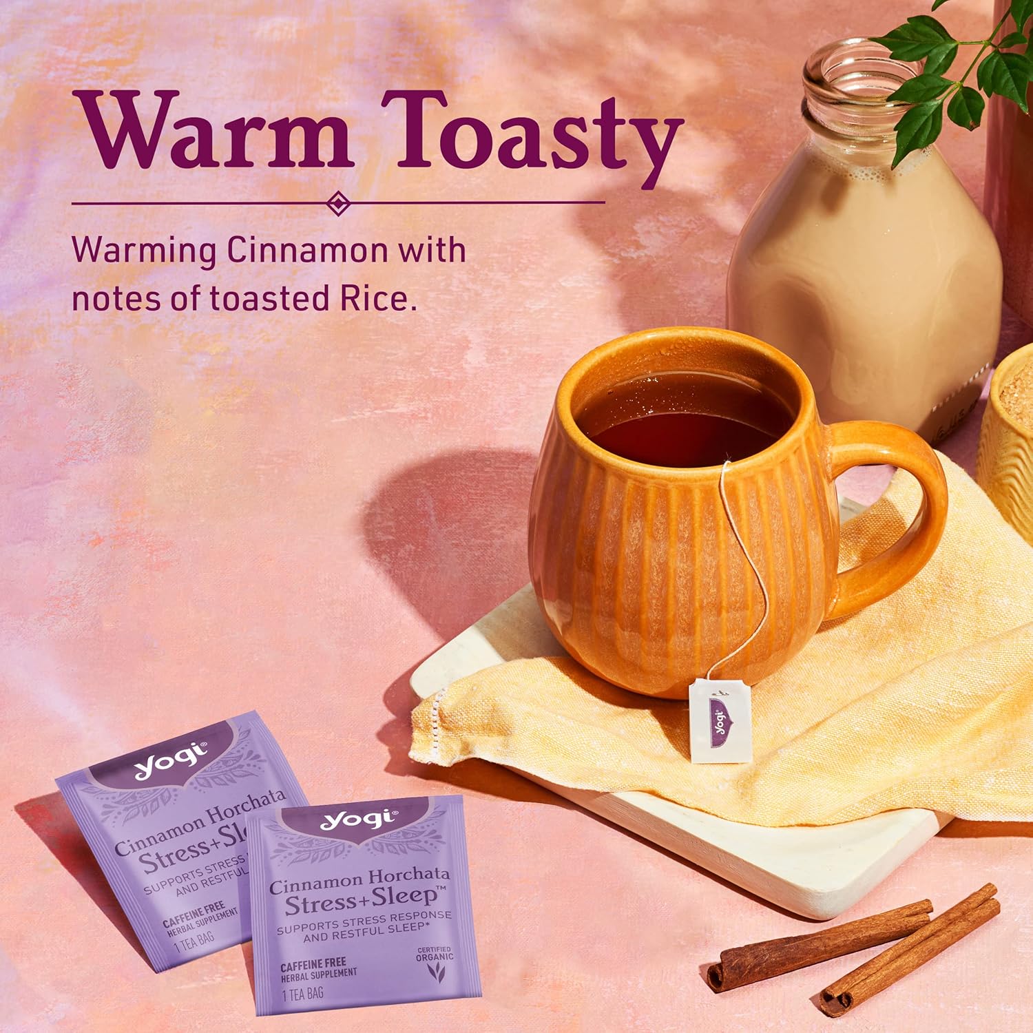 Yogi Tea Cinnamon Horchata Stress + Sleep – Té de hierbas sin cafeína, certificado orgánico por USDA, sin OMG, 16 bolsas de té (paquete de 6)