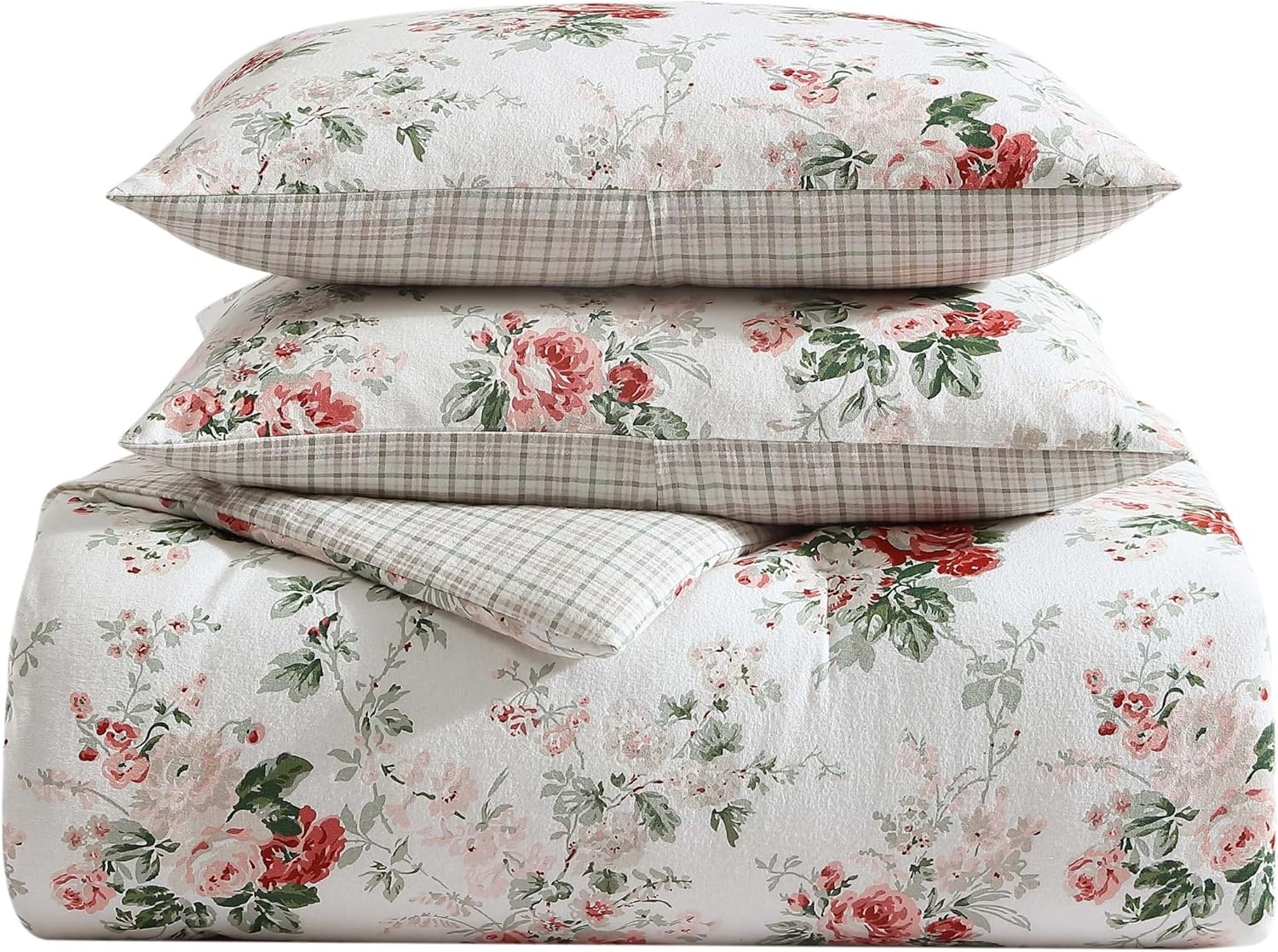 Laura Ashley – Juego de edredón King, ropa de cama reversible de franela de algodón cepillado con fundas a juego, lujosamente suave y cálida
