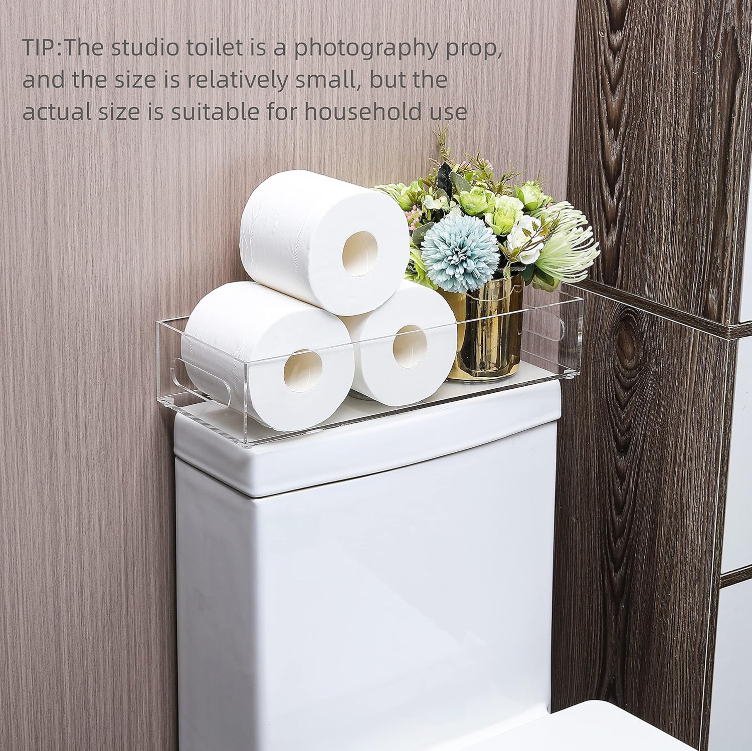 IEEK Cesta de papel higiénico, soporte de papel higiénico acrílico con bandeja de baño moderna con asa y alfombrillas antideslizantes para