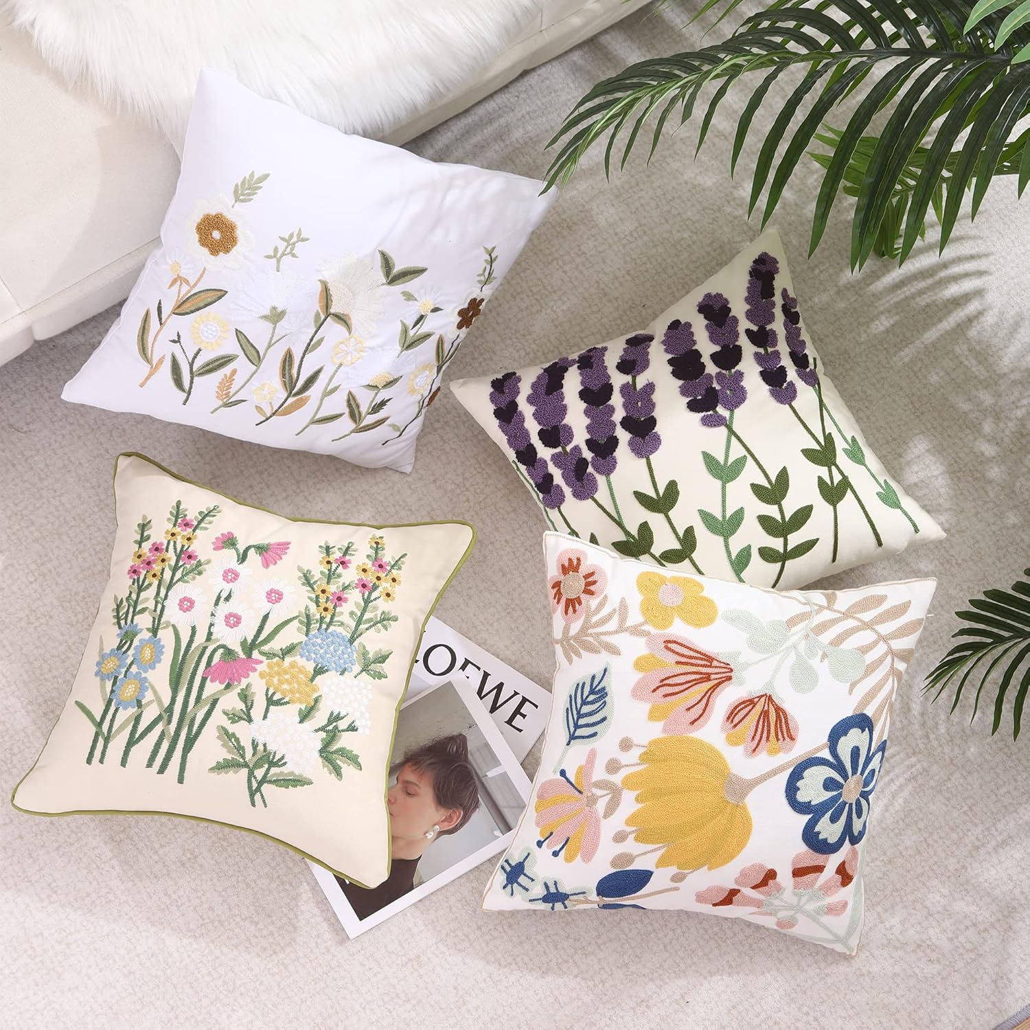 Holibeat Juego de 2 fundas de almohada con patrón floral bordado de primavera de 18 x 18 pulgadas, fundas de almohada para sofá, cama, sala de
