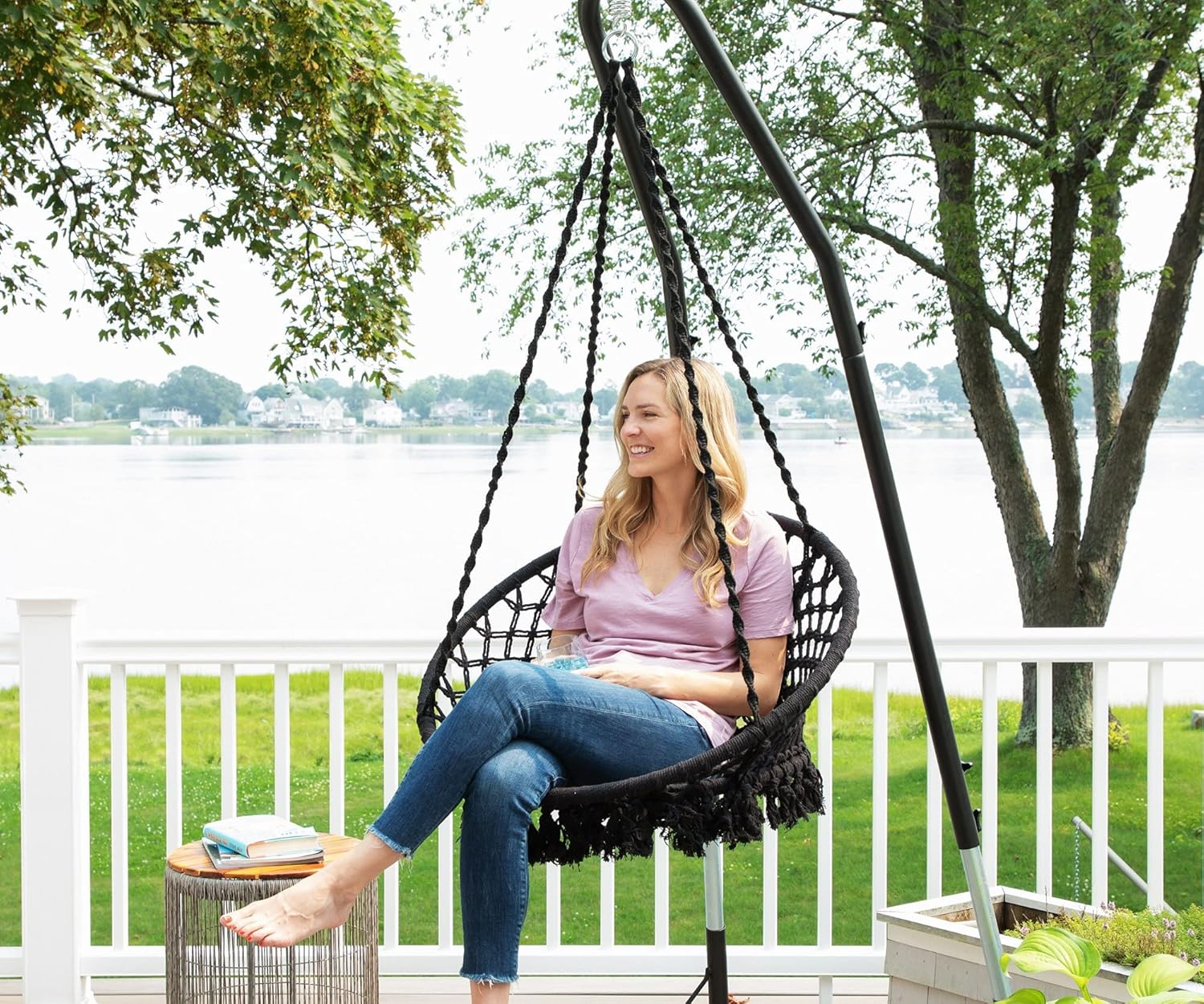 Bahia – Hamaca de macramé, silla colgante para dormitorio, silla de columpio de cuerda bohemia para interiores, silla de columpio de macramé para