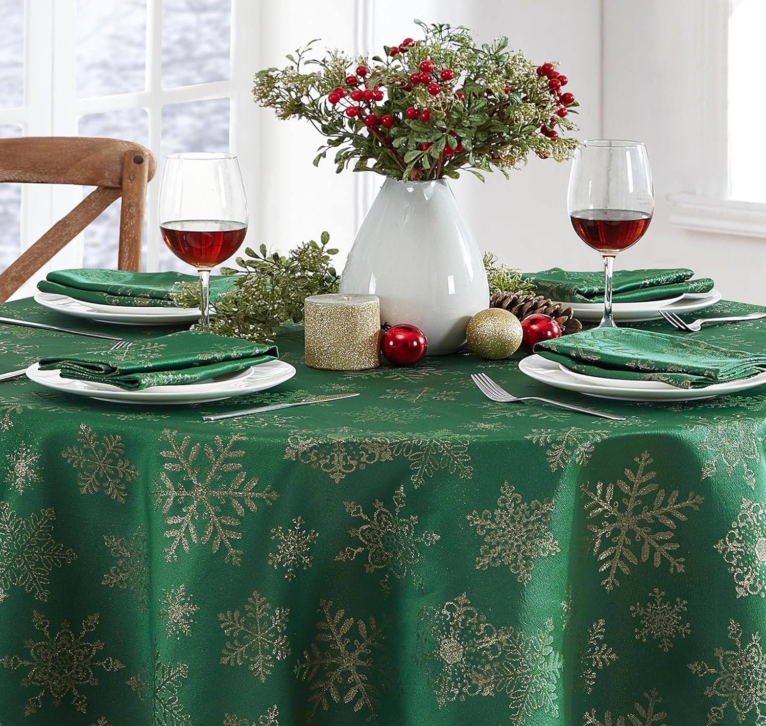 Newbridge Fancy – Mantel navideño de tela resistente a la suciedad, copos de nieve brillantes, lúrex tejido de fácil cuidado, cuadrado de 52 x 52