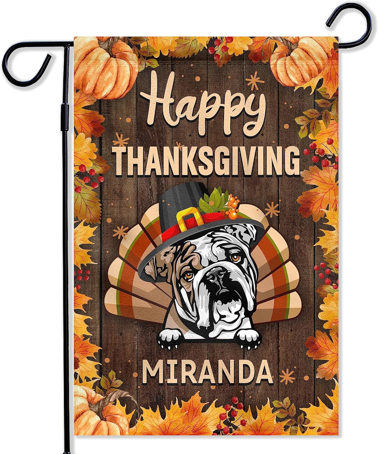 Bandera de bulldog inglés de bienvenida para perro exterior, calabaza, hoja de arce, feliz Acción de Gracias, banderas verticales de doble cara para