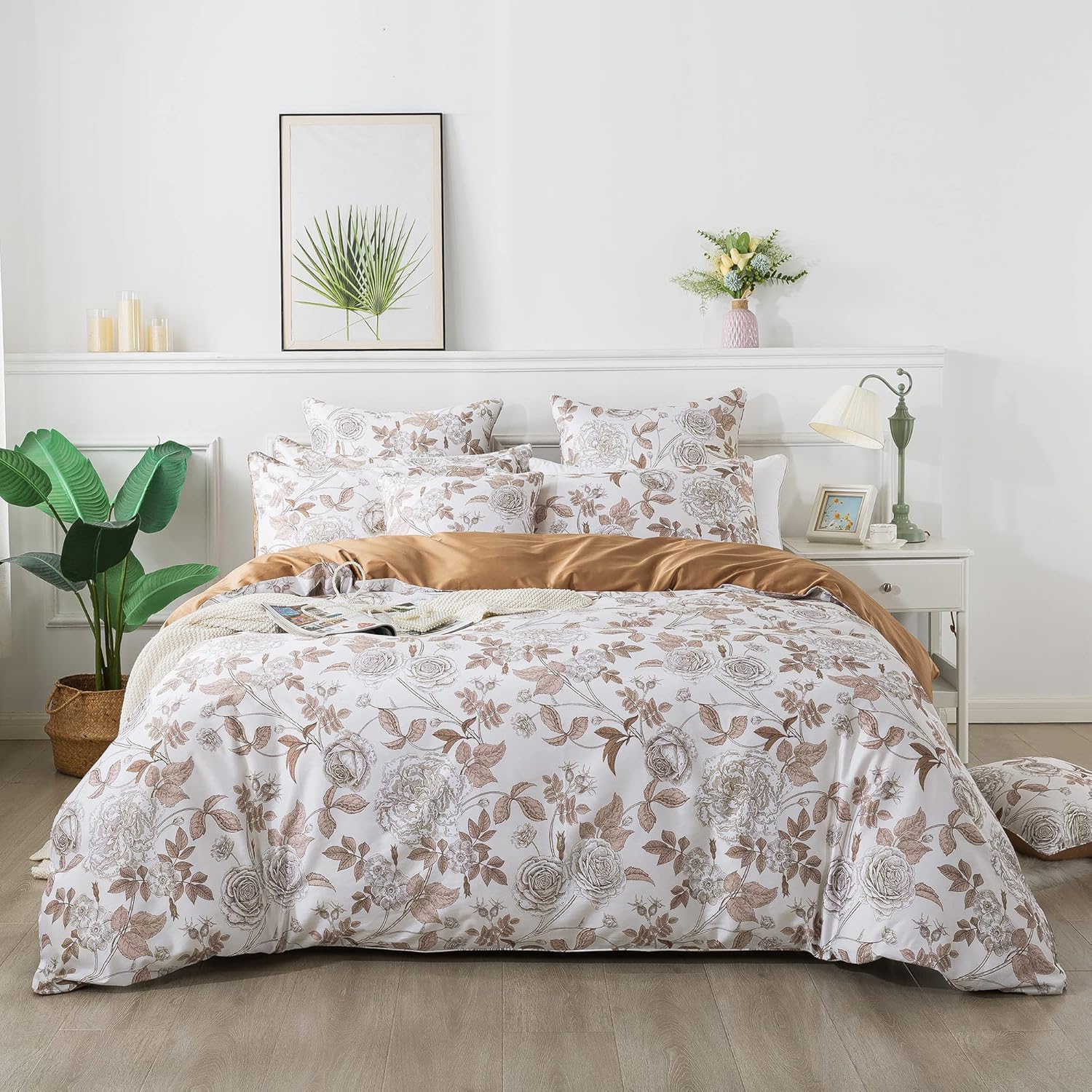 FADFAY Juego de funda de edredón de rosa desgastada, tamaño individual XL, ropa de cama floral vintage blanca y marrón, elegante juego de funda de