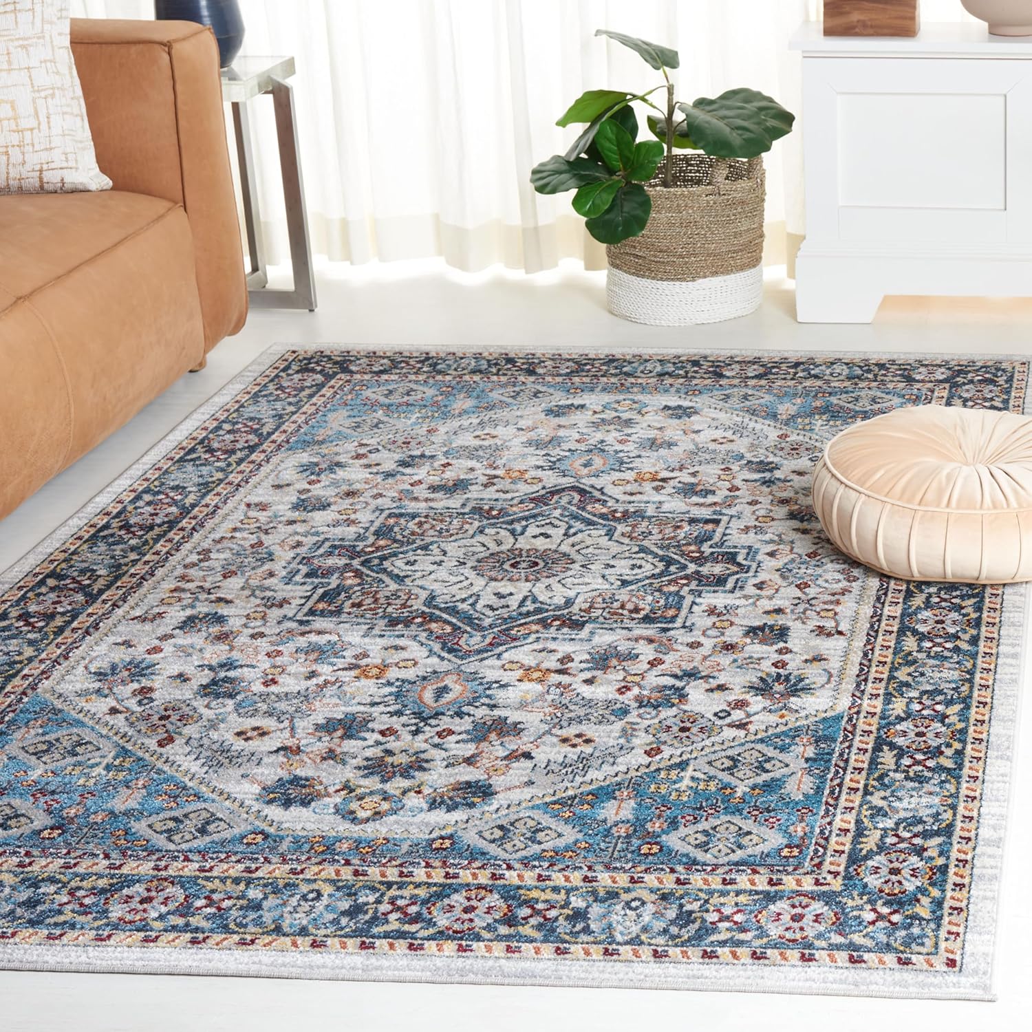 SAFAVIEH Bayside Collection – Alfombra de área, 5.3 x 7.6 pies, color azul y gris, diseño oriental tradicional, no desprende pelusa y de fácil