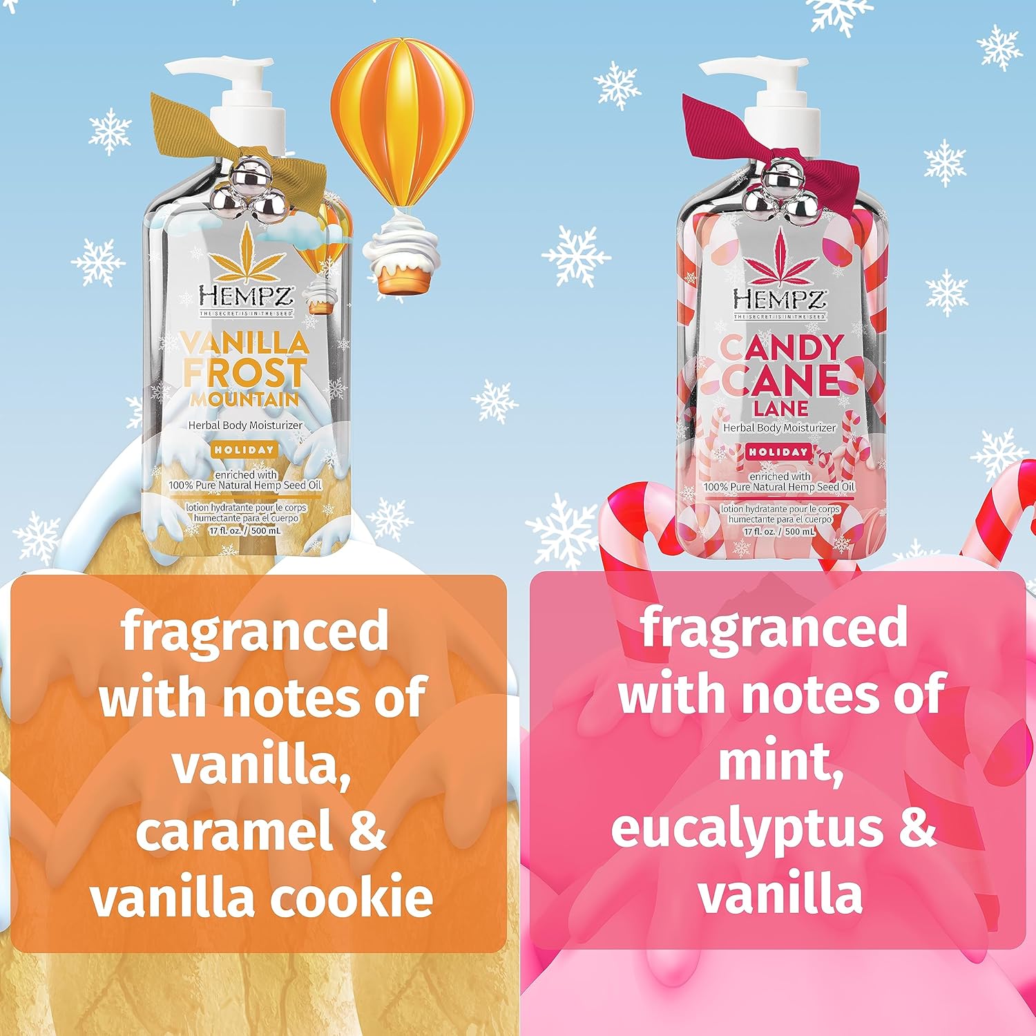 Hempz Sweet Wonderland Candy Cane Lane (17 onzas) y Vanilla Frost Mountain (17 onzas) loción hidratante corporal set de regalo  Crema festiva para