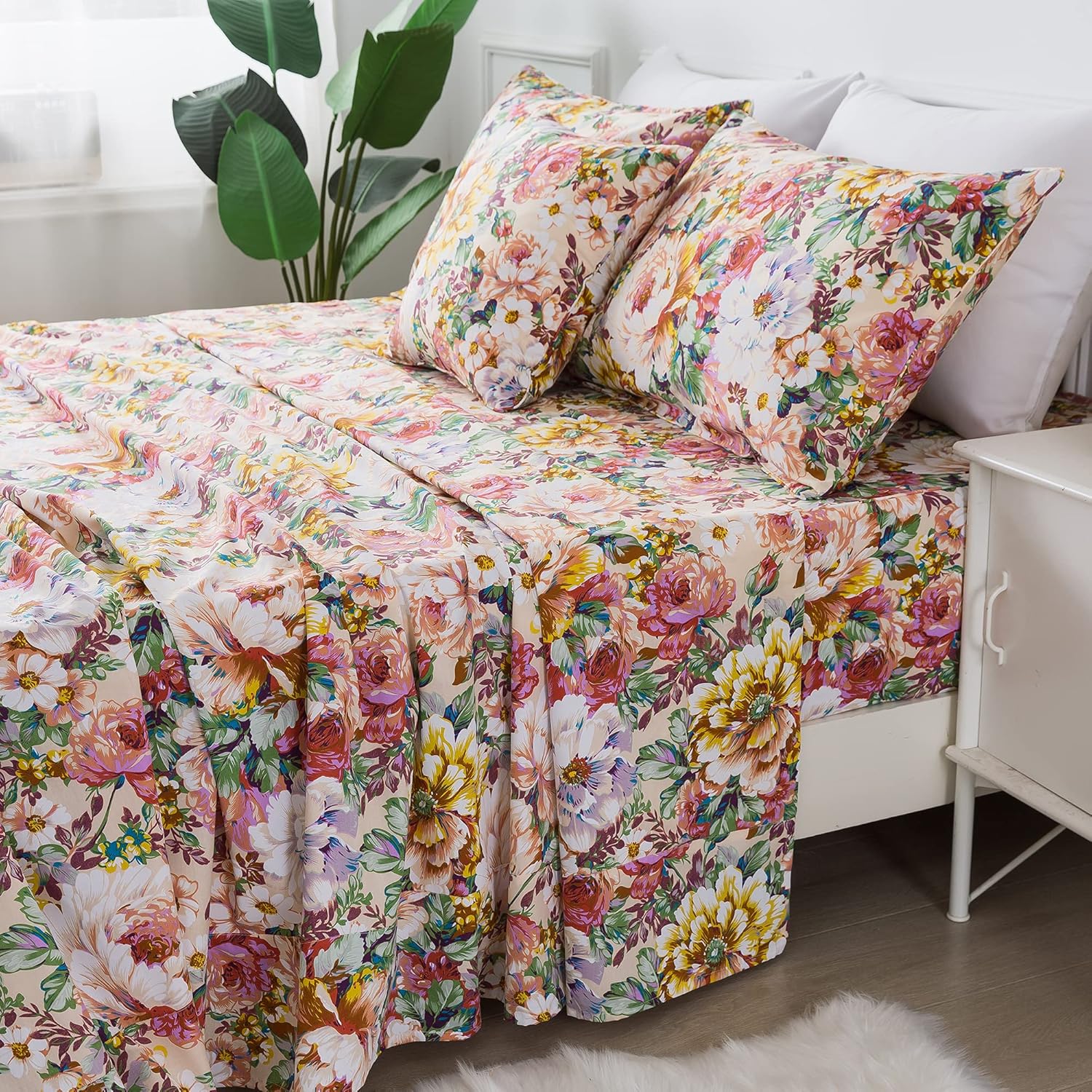 FADFAY Juego de sábanas vintage con diseño floral, tamaño matrimonial, 4 piezas, 100% algodón, suave, estilo francés, estilo rural, jardín, flores,