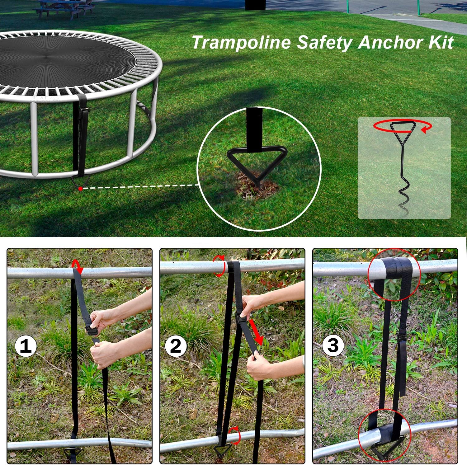 ZIZILAND Kit de anclaje para cama elástica, sistema de amarre resistente con estacas de anclaje en espiral para suelo, juego de anclajes de