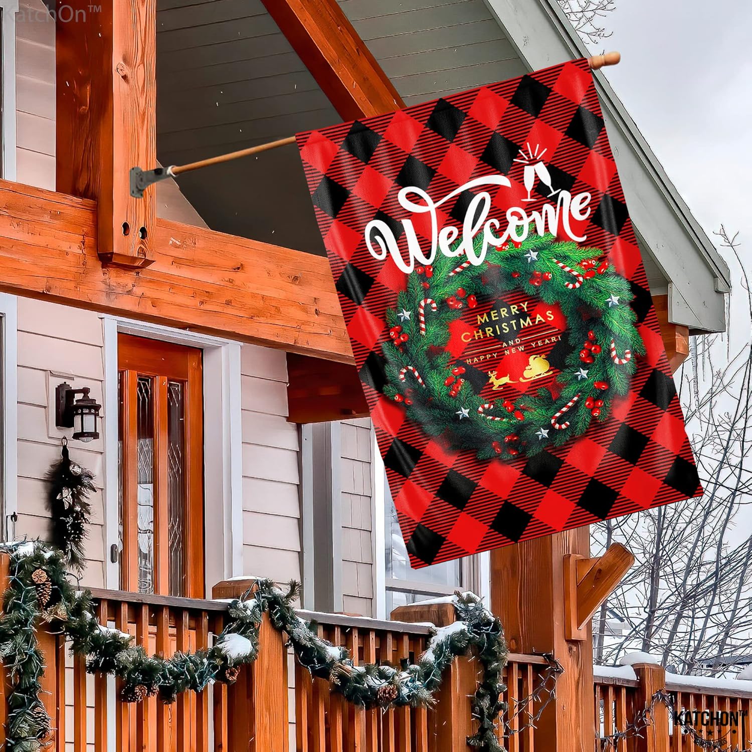 KatchOn, Bandera grande de bienvenida de Navidad para patio, 28 x 40 pulgadas, doble cara, bandera de feliz Navidad y feliz año nuevo, bandera de