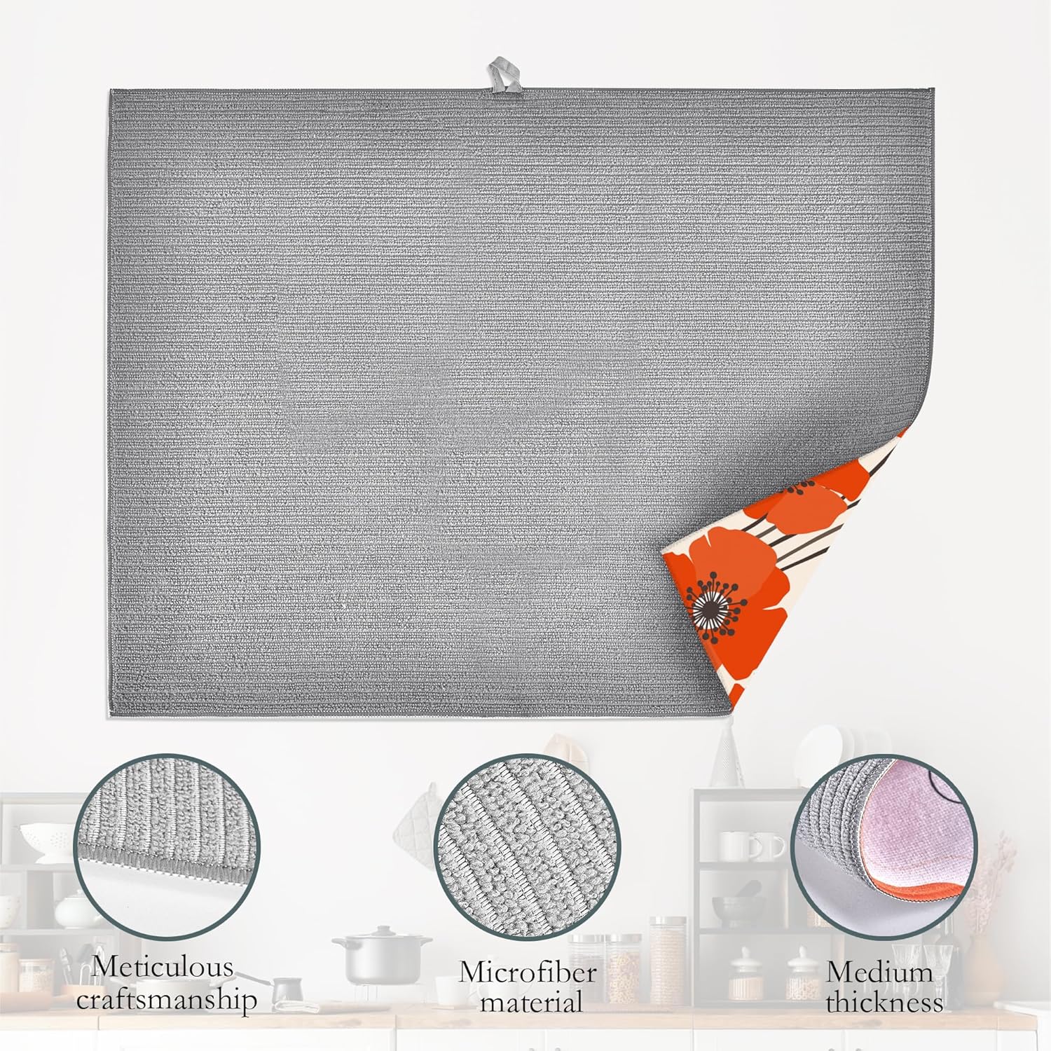 UIUPRO Tapete de secado de platos con flores de amapola roja para decoración de encimera de cocina, almohadilla de secado de platos, almohadilla