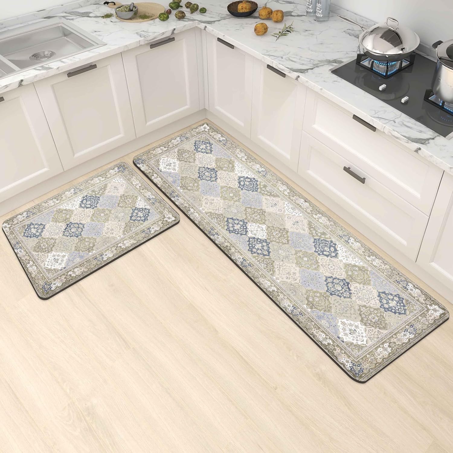 keensoft Juego de 2 alfombras de cocina estilo bohemio, antifatiga de 0.4 pulgadas de grosor, estilo granja, vintage, bohemio, para cocina,