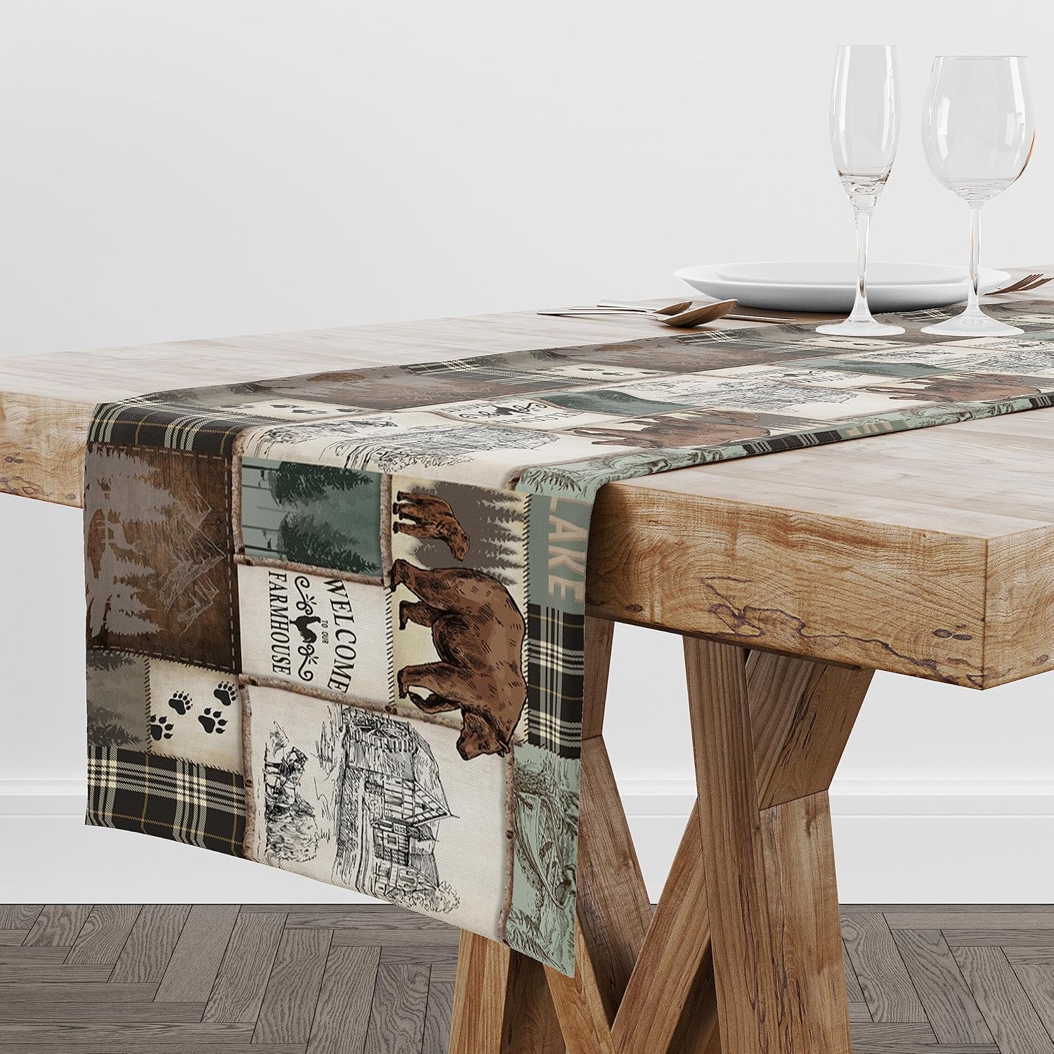Camino de mesa rústico de oso, vida silvestre de bosque campestre vintage para decoración del hogar, cocina, comedor, 36 x 13 pulgadas