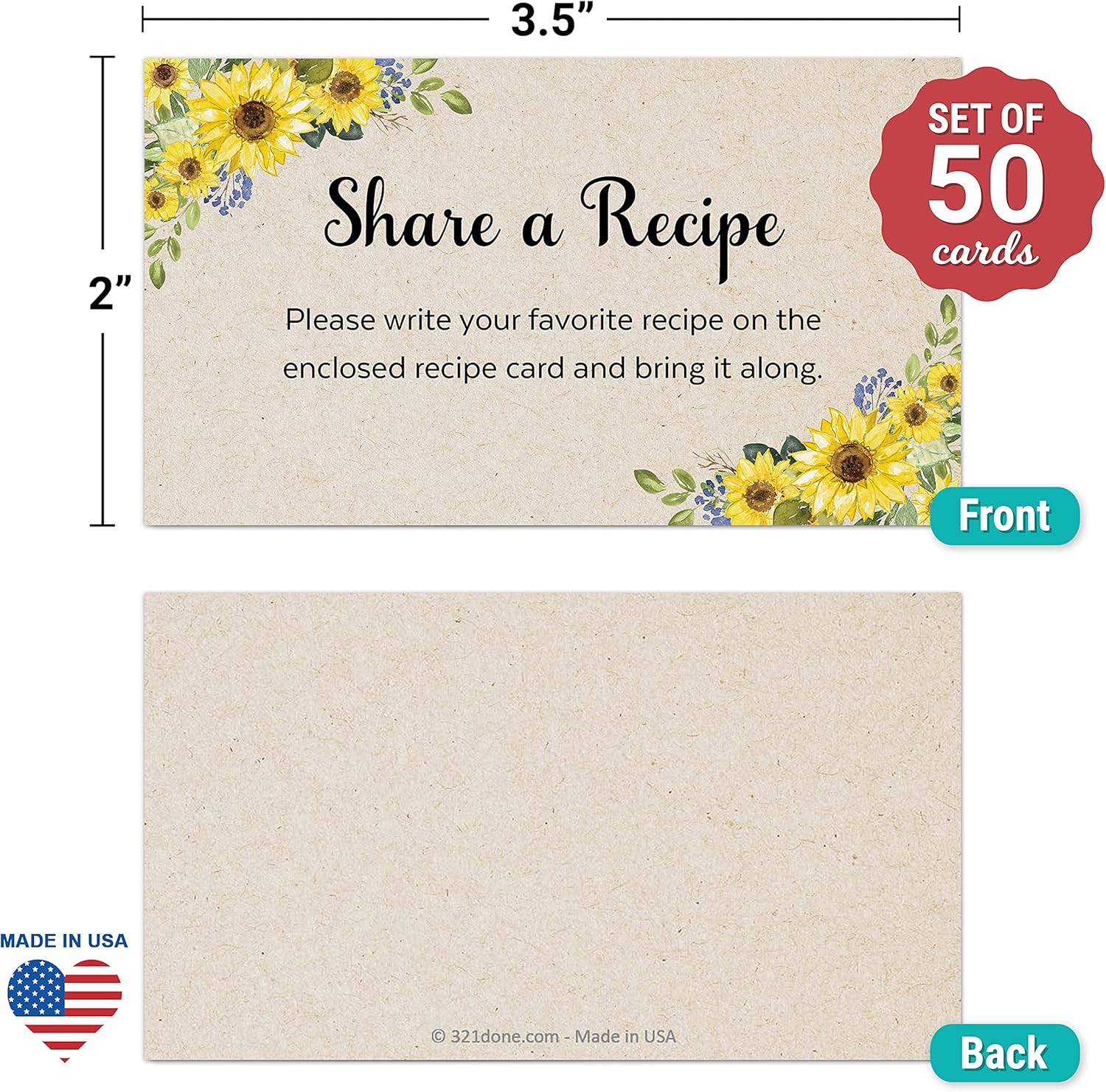 321Done Tarjeta de girasol para compartir una receta (juego de 50) 3.5 x 2  Kraft  Tarjeta de solicitud de receta pequeña para invitación de