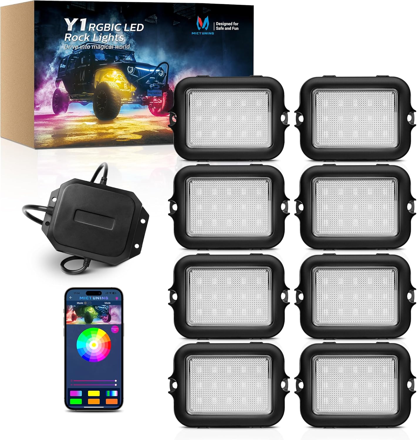 MICTUNING Y1 RGB+IC Dream Color – Kit de luces LED de roca  8 cápsulas de luces subterráneas para camiones con efecto de persecución, kits de luz de