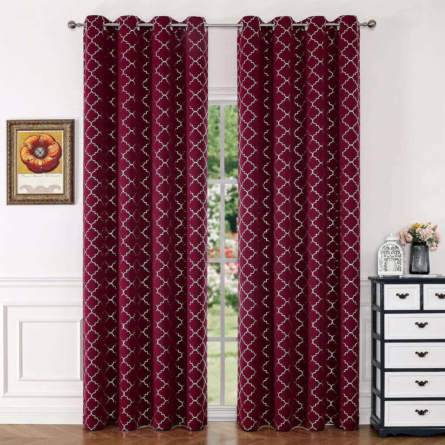 Enactex Cortinas 100% opacas con aislamiento térmico de 84 pulgadas de largo para dormitorio, cortinas rojas con patrón geométrico plateado, cortina