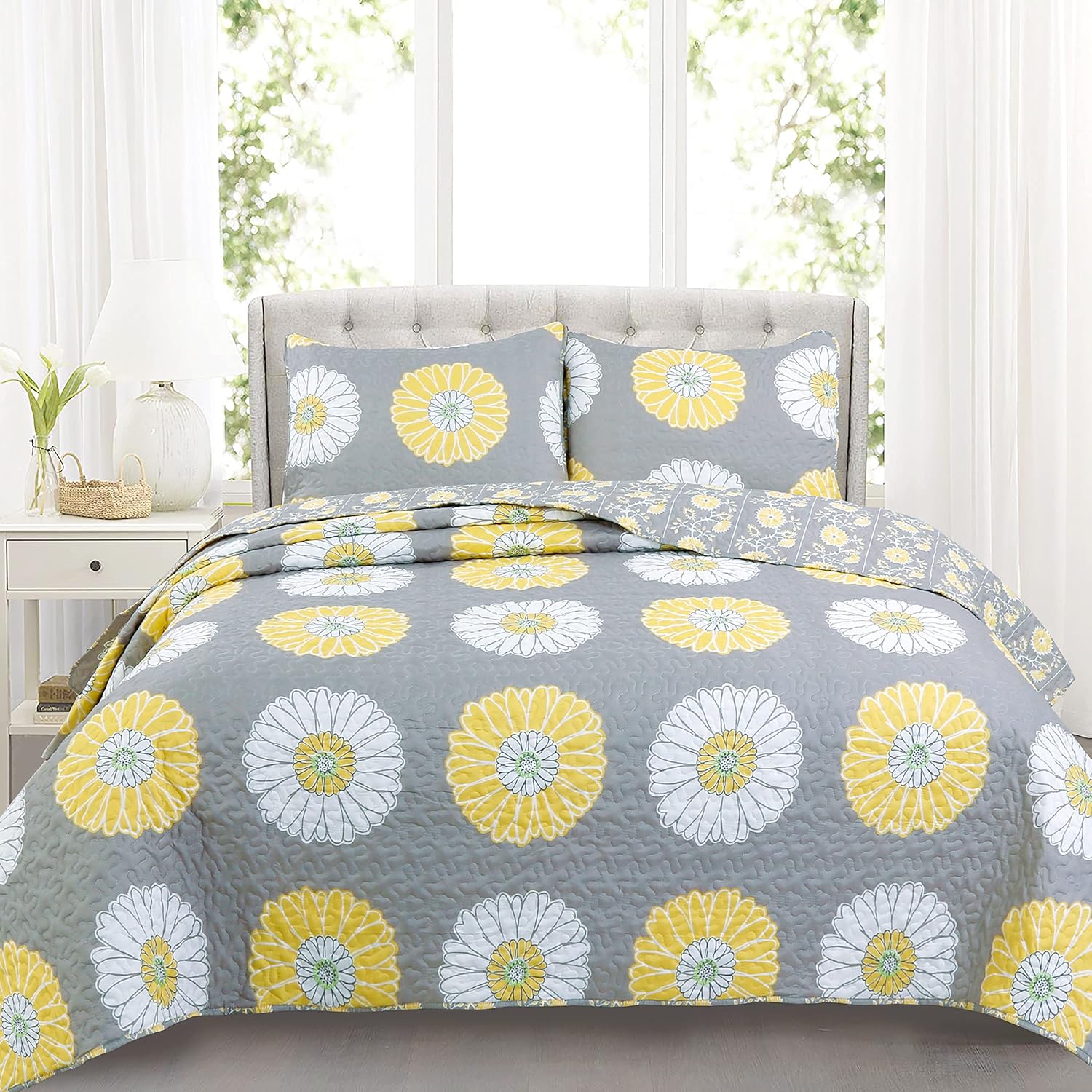 Cozy Line Home Fashions Juego de ropa de cama reversible reversible con diseño floral de margaritas, blanco, gris, amarillo, blanco, gris, colcha