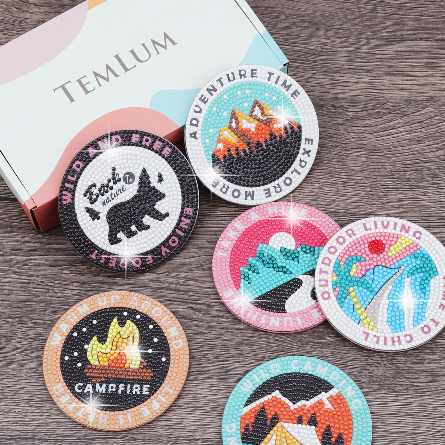 Temlum 6 posavasos de pintura de diamante con soporte, posavasos de campamento al aire libre, kits de arte de diamantes para principiantes, adultos,