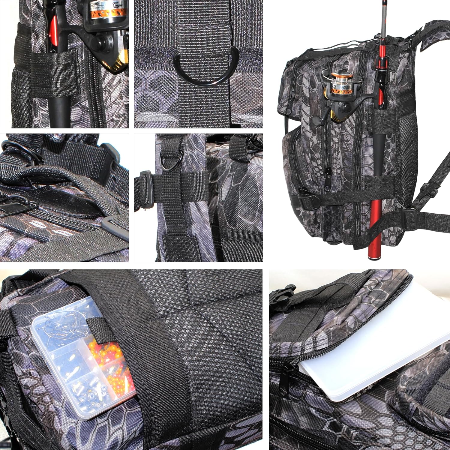 Ghanneey Mochila de aparejos de pesca, mochila de hombro al aire libre con soporte para caña de pescar, senderismo, caza, camping, A-negro y gris,