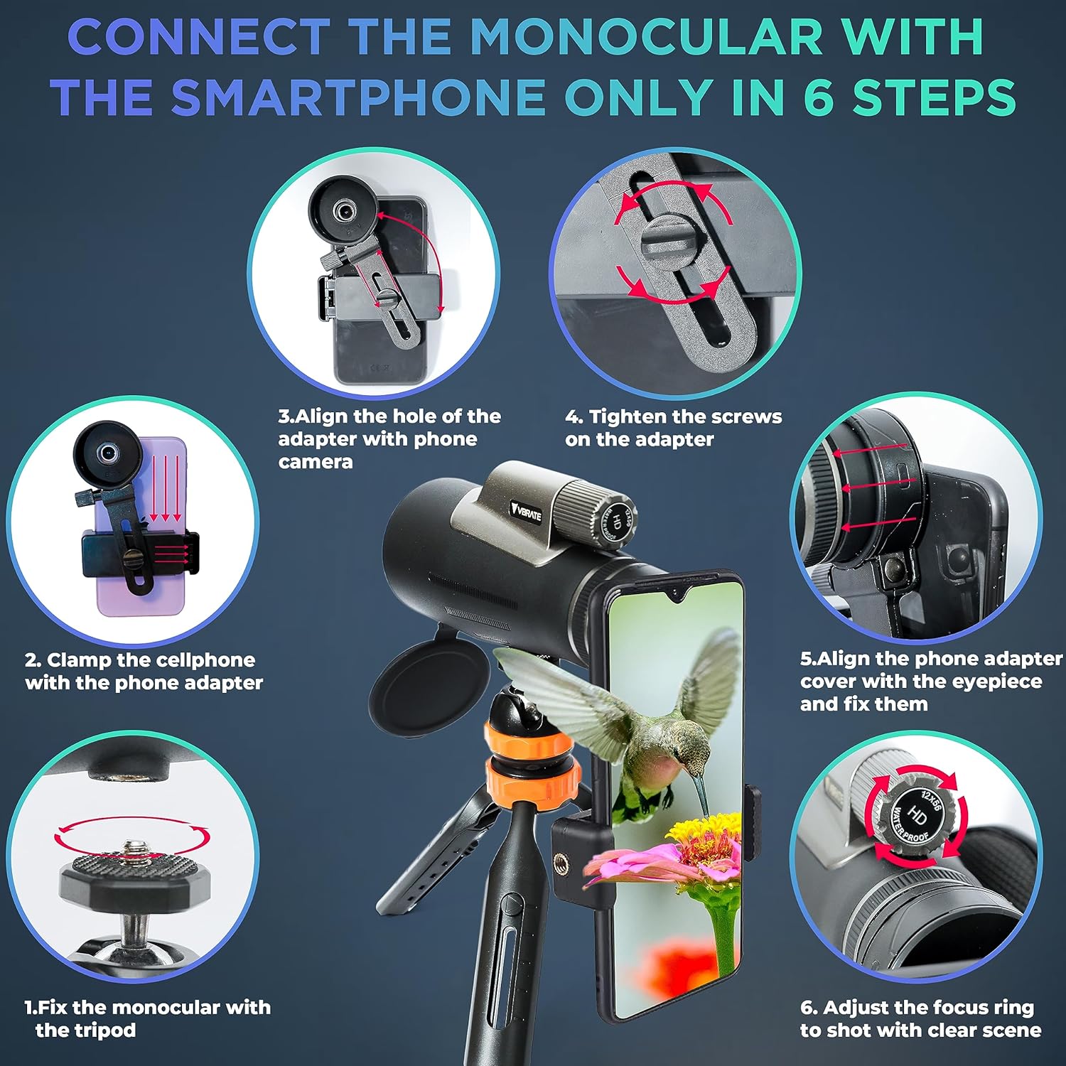 Telescopio monocular HD 12×56 monocular para adultos  Telescopio de bolsillo de largo alcance de alta potencia con adaptador para teléfono