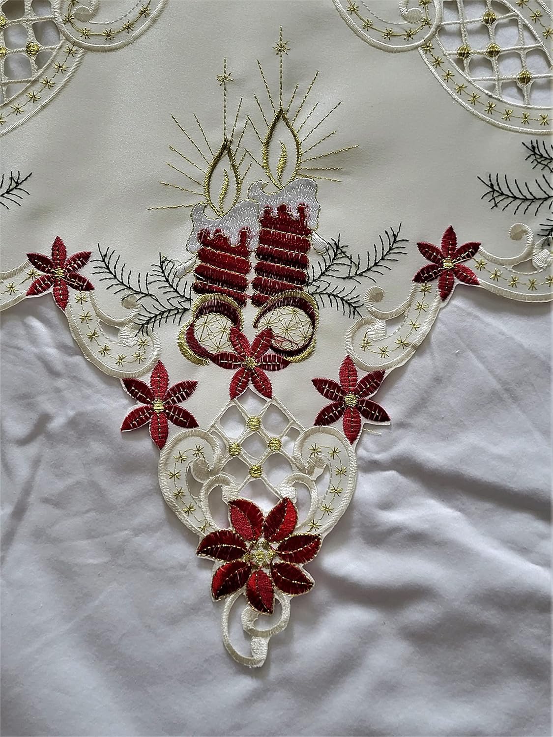 Mantel de Navidad o mantel bordado con estrellas con detalles rojos y dorados sobre tela blanca antigua, tamaño 36 pulgadas