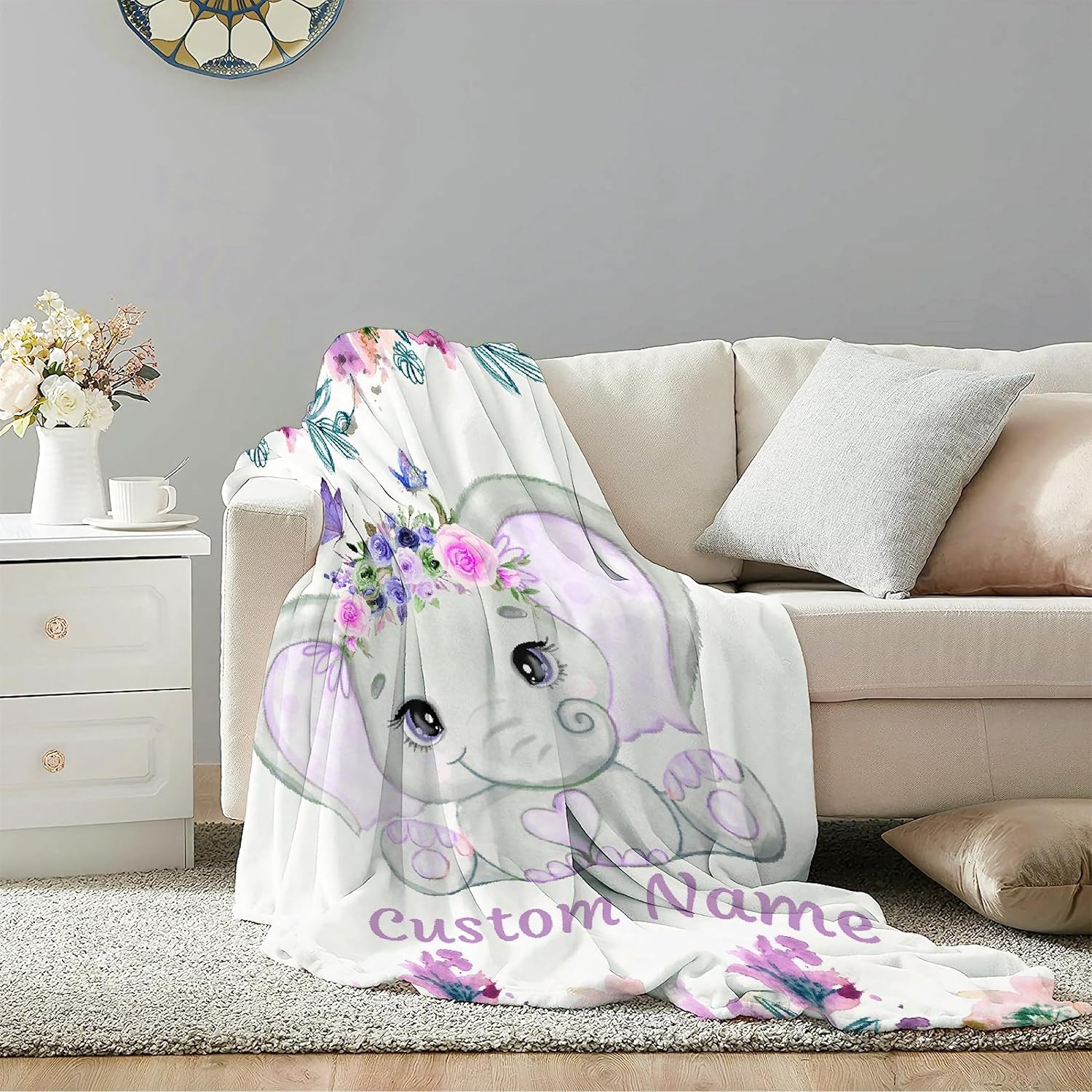 Manta de bebé personalizada con nombre, lindo elefante morado, manta de forro polar personalizada para niñas, niños, baby shower, regalo de