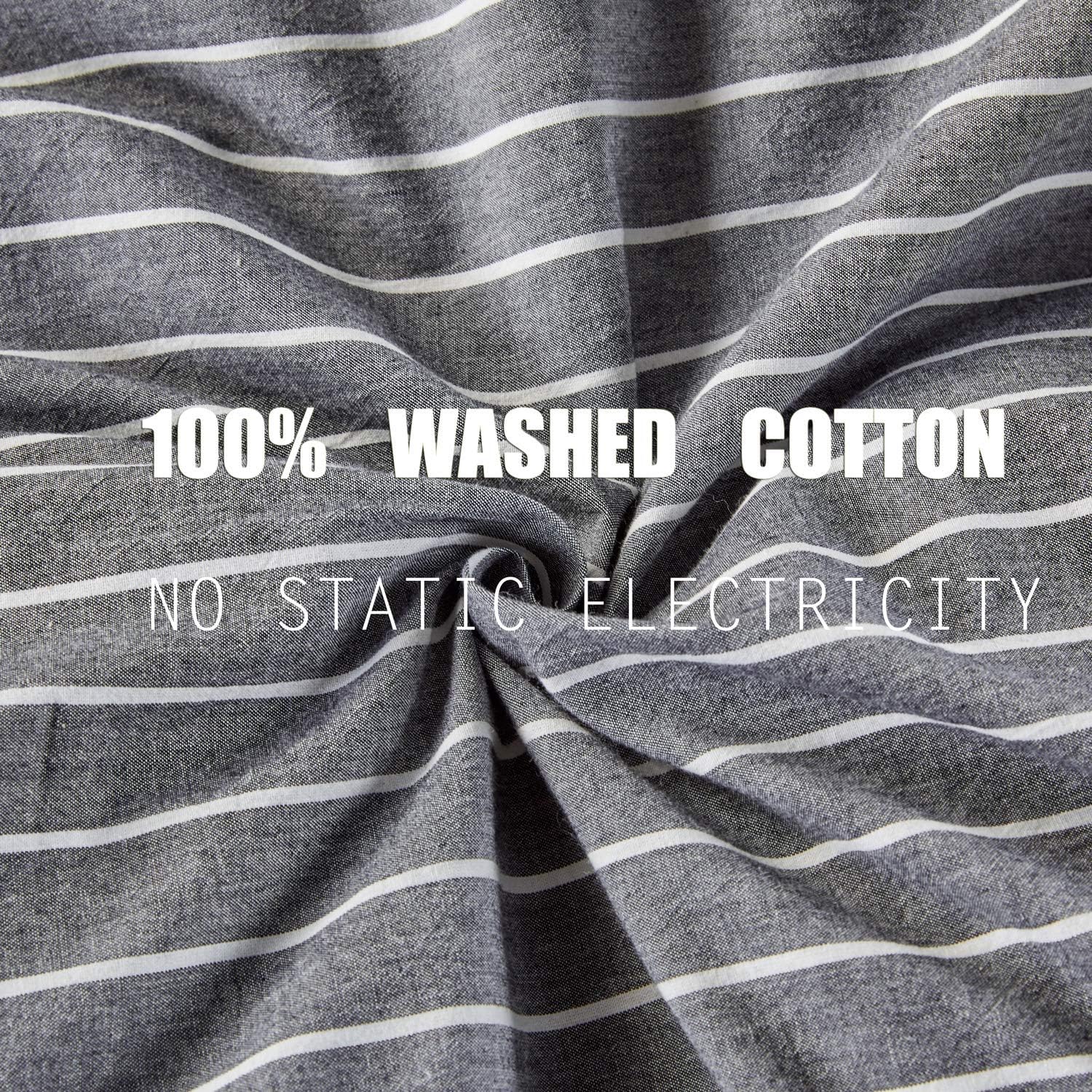 JELLYMONI Pinstriped 100% Washed Cotton Linen Like Duvet Cover Set, 3 Pieces Luxury Soft Bedding Set with Buttons Closure, Grey Stripes Pattern