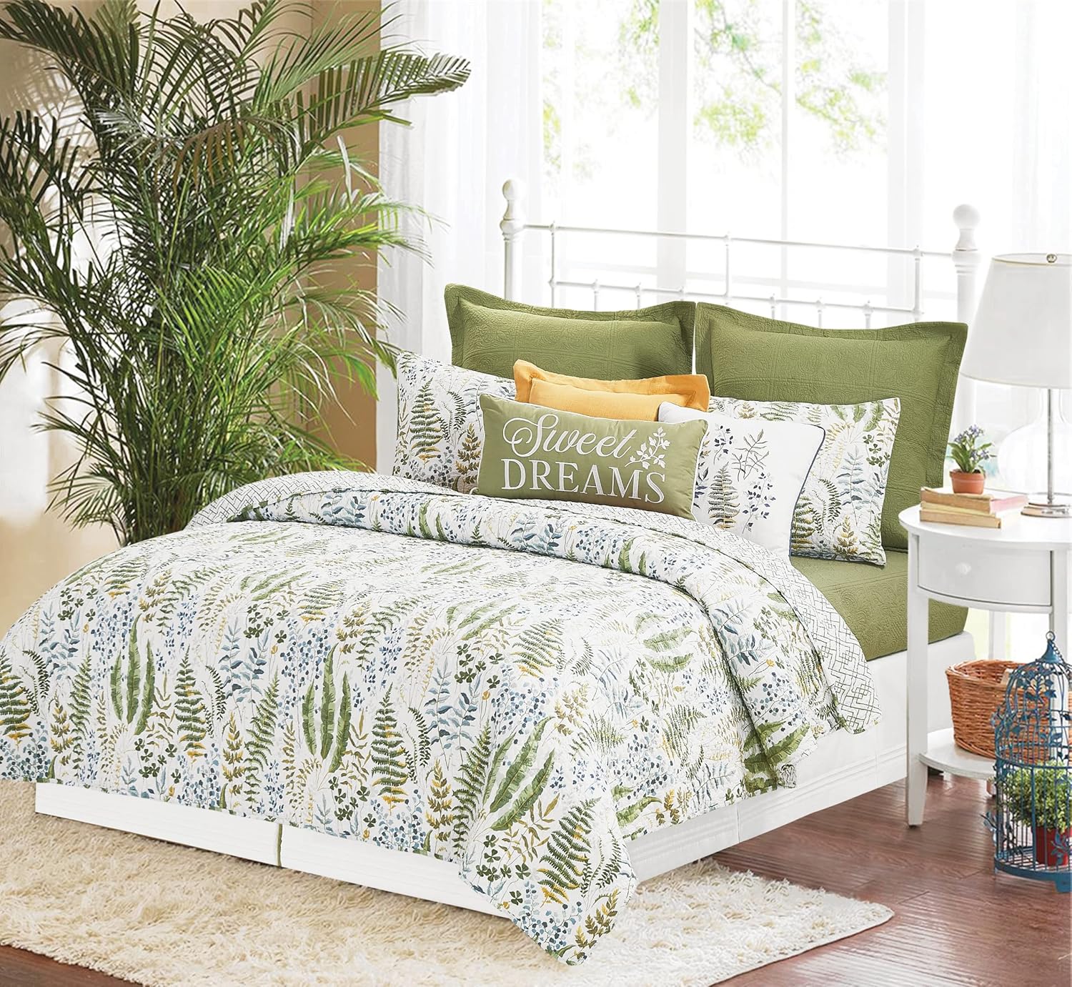 C&F Home Cecil – Juego de edredón reversible de 2 piezas tamaño individual con 1 funda de almohada estándar, color blanco y verde, acuarela