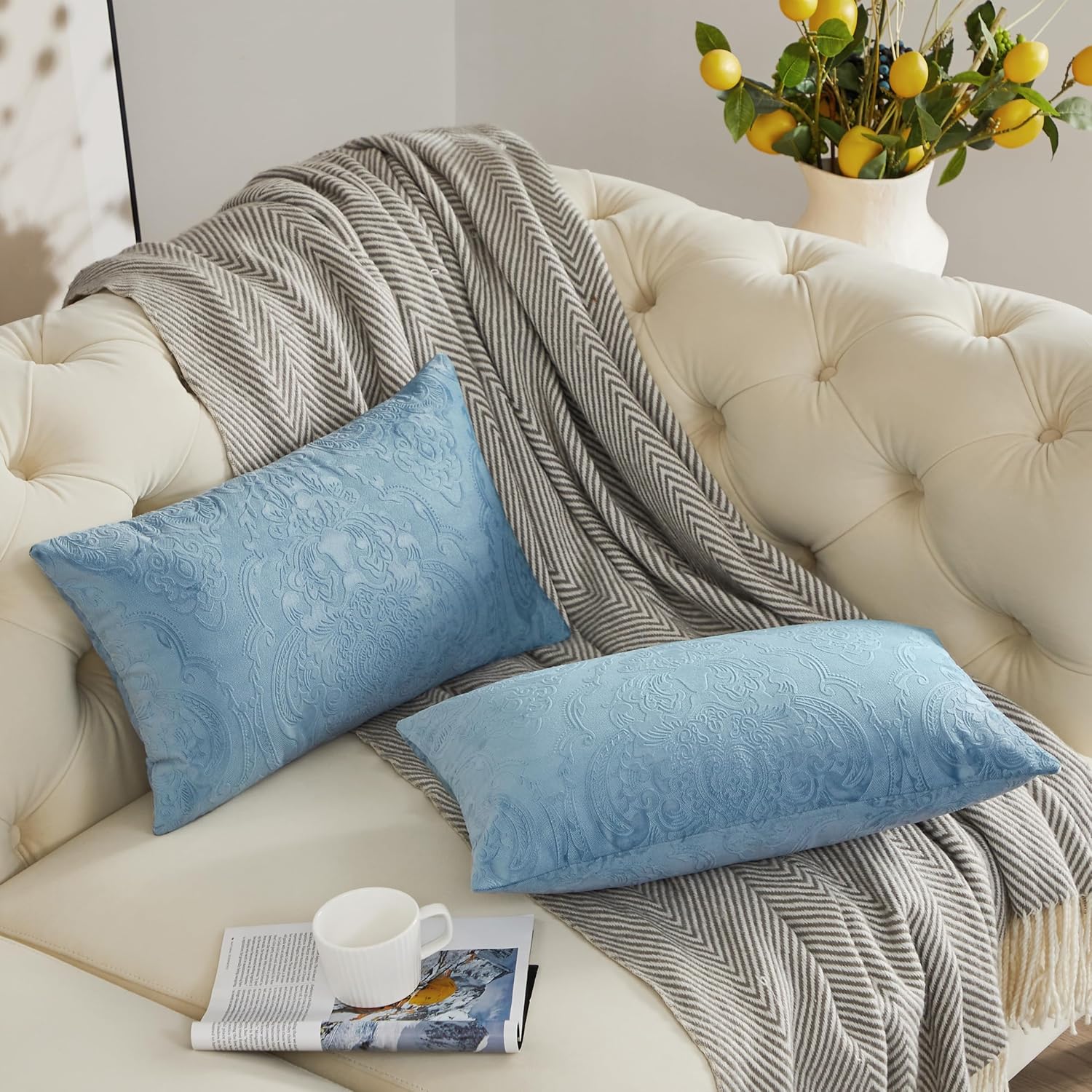 GIGIZAZA Fundas de almohada de terciopelo de 12 x 20 pulgadas, paquete de 2 piezas, almohadas lumbares decorativas color azul piedra con estampado
