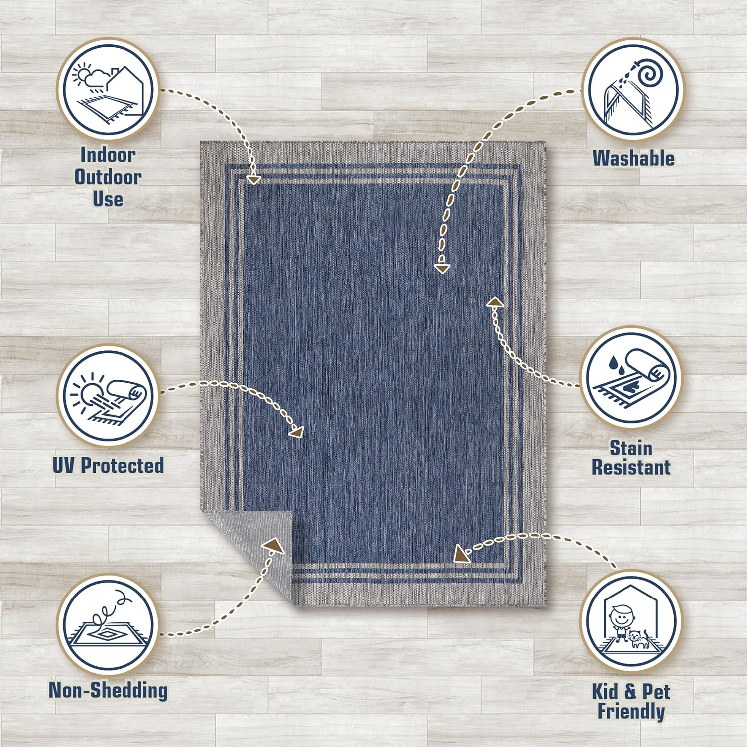 Alfombra lavable para interiores y exteriores, resistente a la intemperie, para porche, terraza, balcón, patio, 10 x 14 pulgadas, borde azul