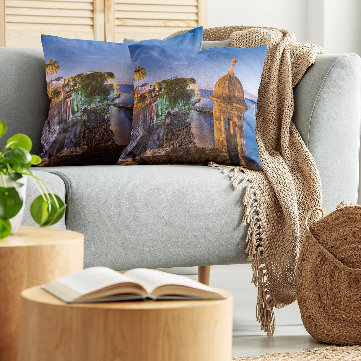 Lunarable Puerto Rico – Juego de 2 fundas de cojín para fotografía, estilo retro con elementos arquitectónicos, decoración de impresión digital de