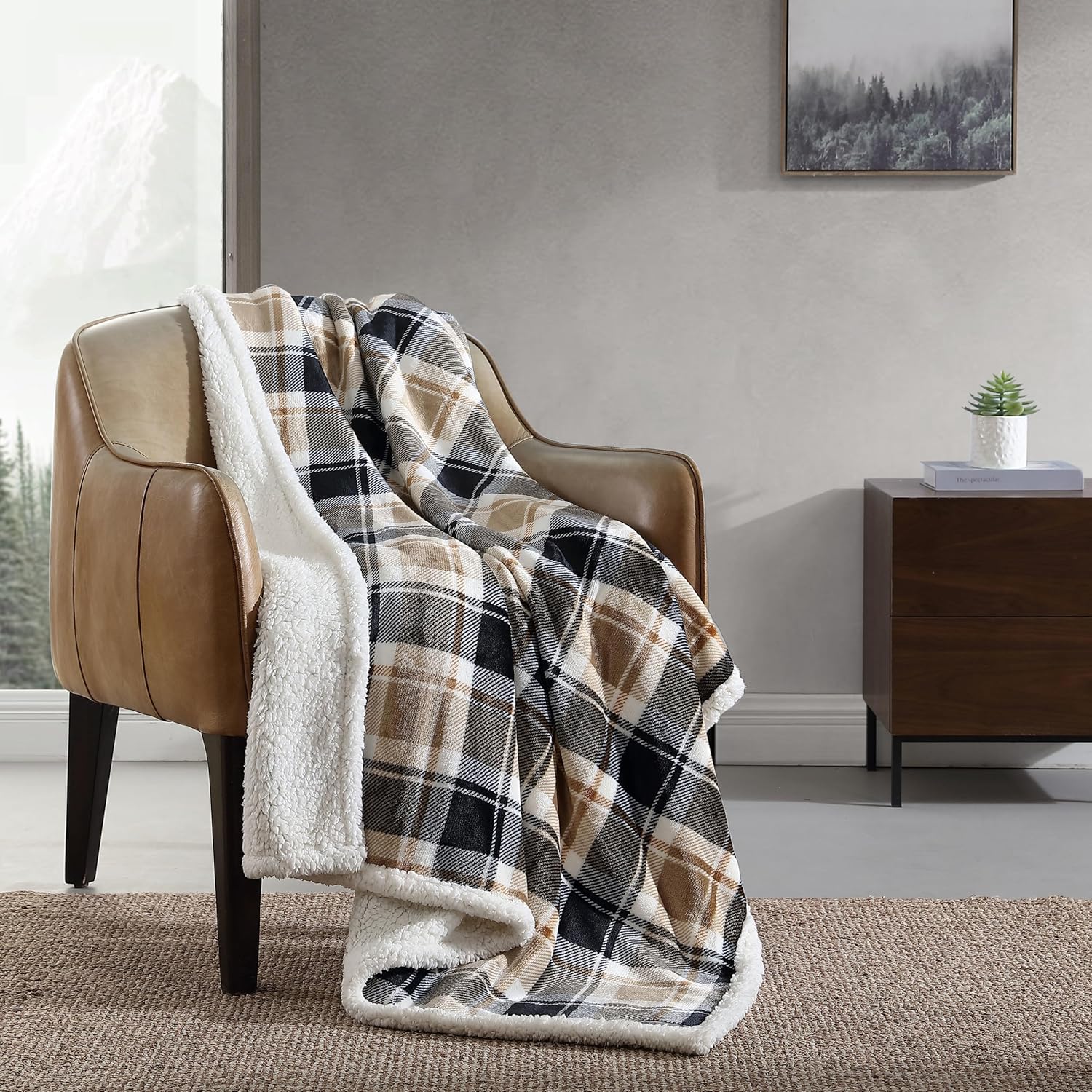 Eddie Bauer Manta reversible de vellón sherpa, ropa de cama y decoración del hogar, para todas las estaciones, (Rugged Plaid Beige), beige a cuadros