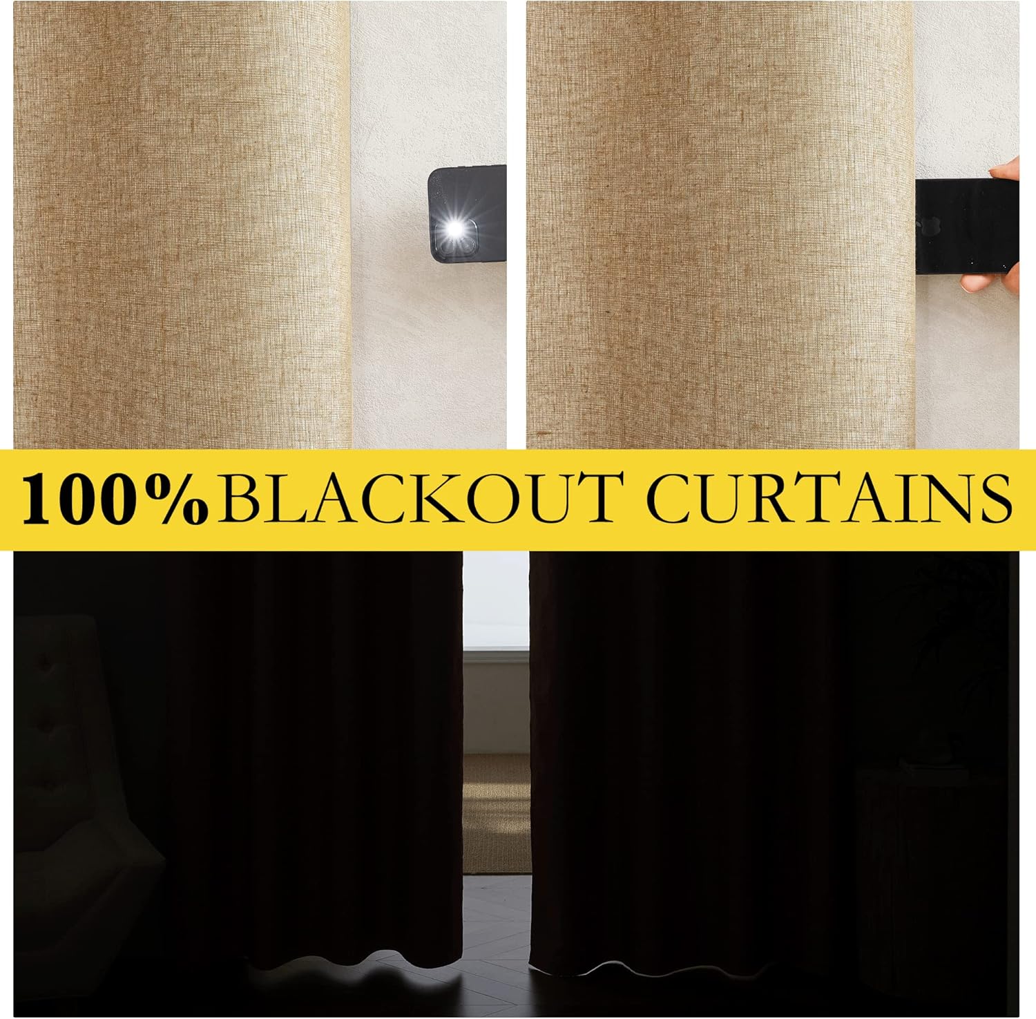 NICETOWN Cortinas de lino 100% absolutamente opacas con forro blanco aislado térmico, camello, 52 pulgadas de ancho por 63 pulgadas de largo, 2