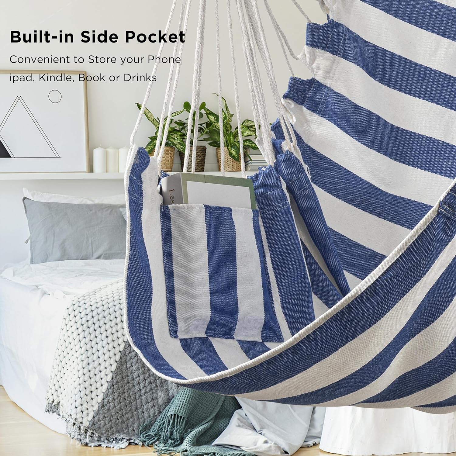 Jelofly Silla hamaca de gran tamaño con cuerda colgante con bolsillo máximo de 350 libras, superior cómoda para interiores y exteriores, hogar,