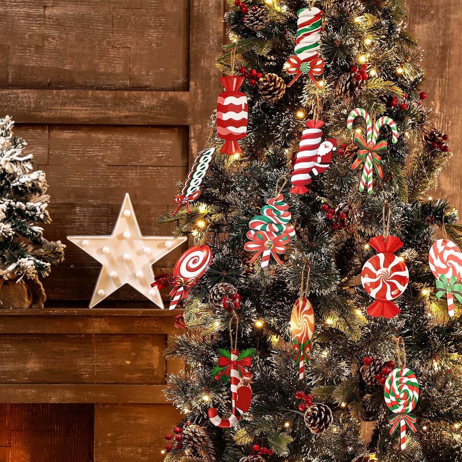 36 adornos de piruleta de Navidad de 5.91 pulgadas, adornos de madera para árbol de Navidad, bastón de caramelo, colgantes colgantes de madera de