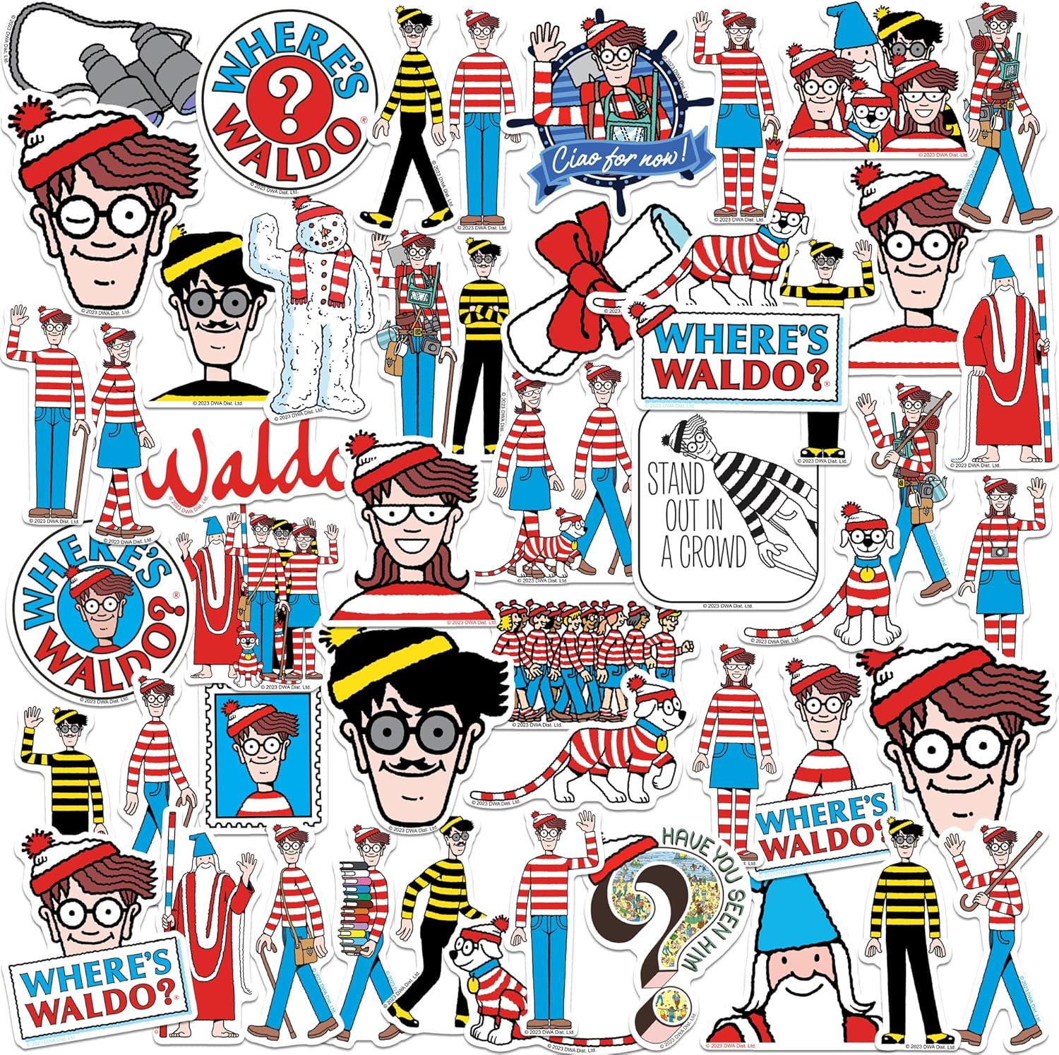 Where’s Waldo – Paquete variado de 50 calcomanías de vinilo grandes de lujo, para laptop, botella de agua, álbumes de recortes, tableta, monopatín,