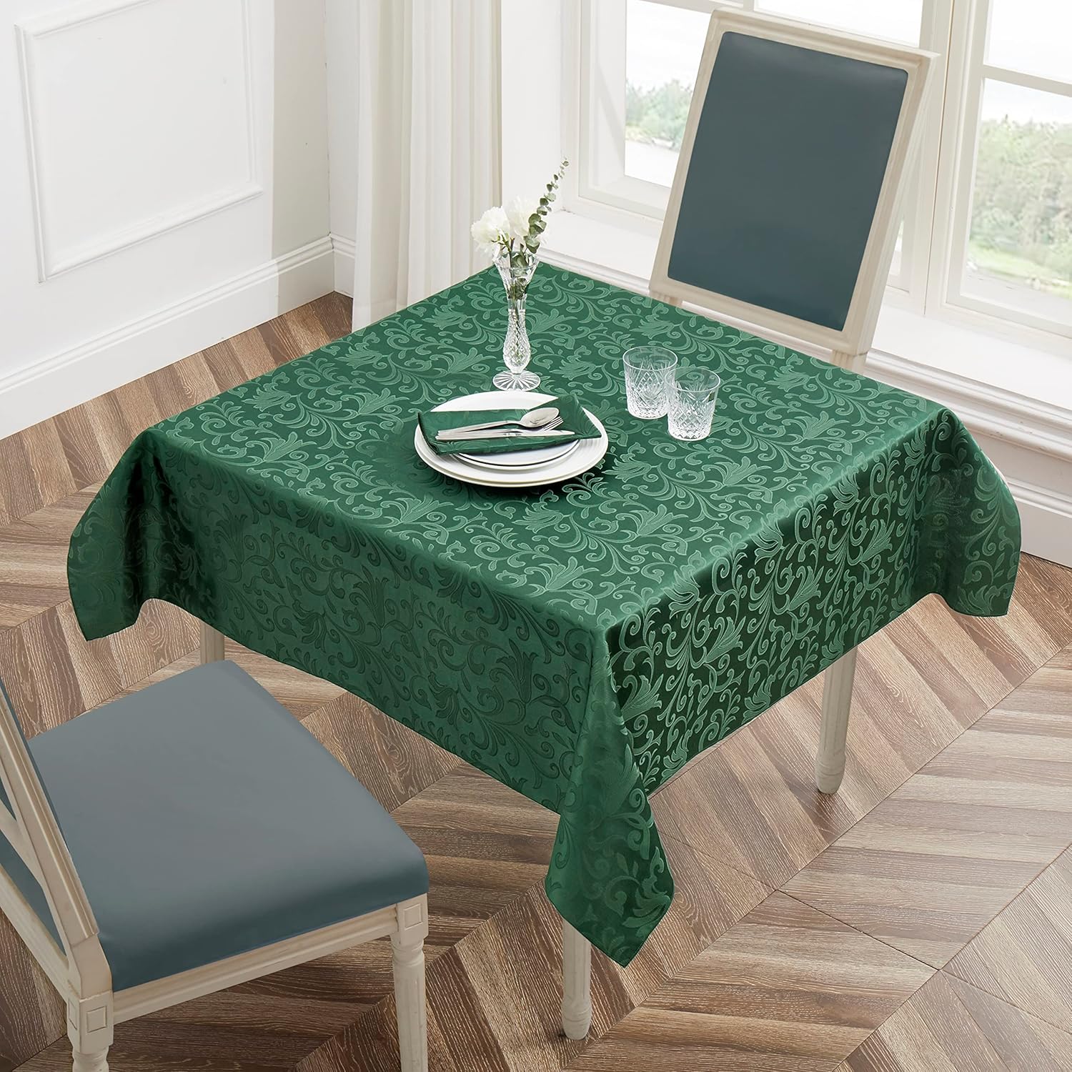 HommxJF Mantel rectangular de damasco de desplazamiento verde jacquard, 60 x 120 pulgadas, mantel lavable para mesa de comedor, fiestas de bufé y