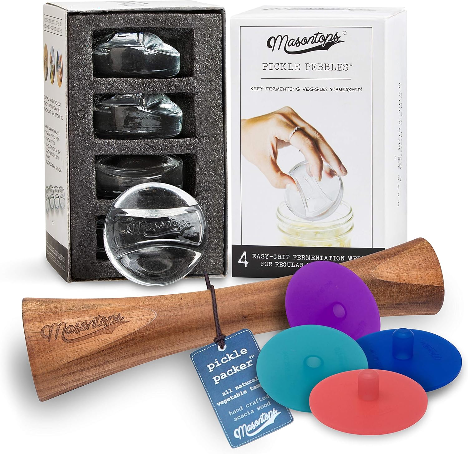 Masontops Juego de herramientas de fermentación de tarro de masón de lujo, esenciales de boca regular, tapas de tubo de silicona, más pesos y