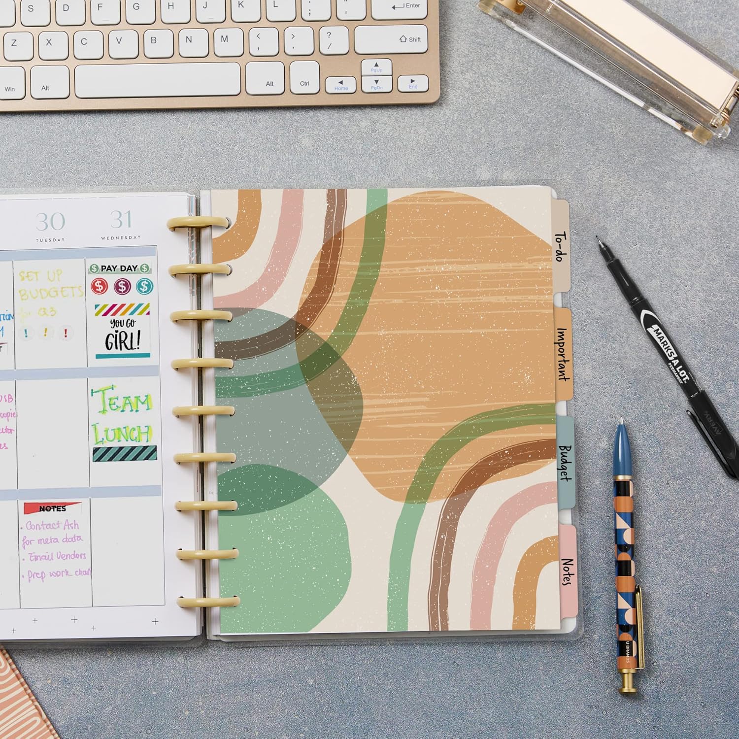 Avery Divisores de planificador para planificadores Happy Planner de 9 discos de tamaño clásico, juego de 4 pestañas, diseño “Boho Rainbows”, 1
