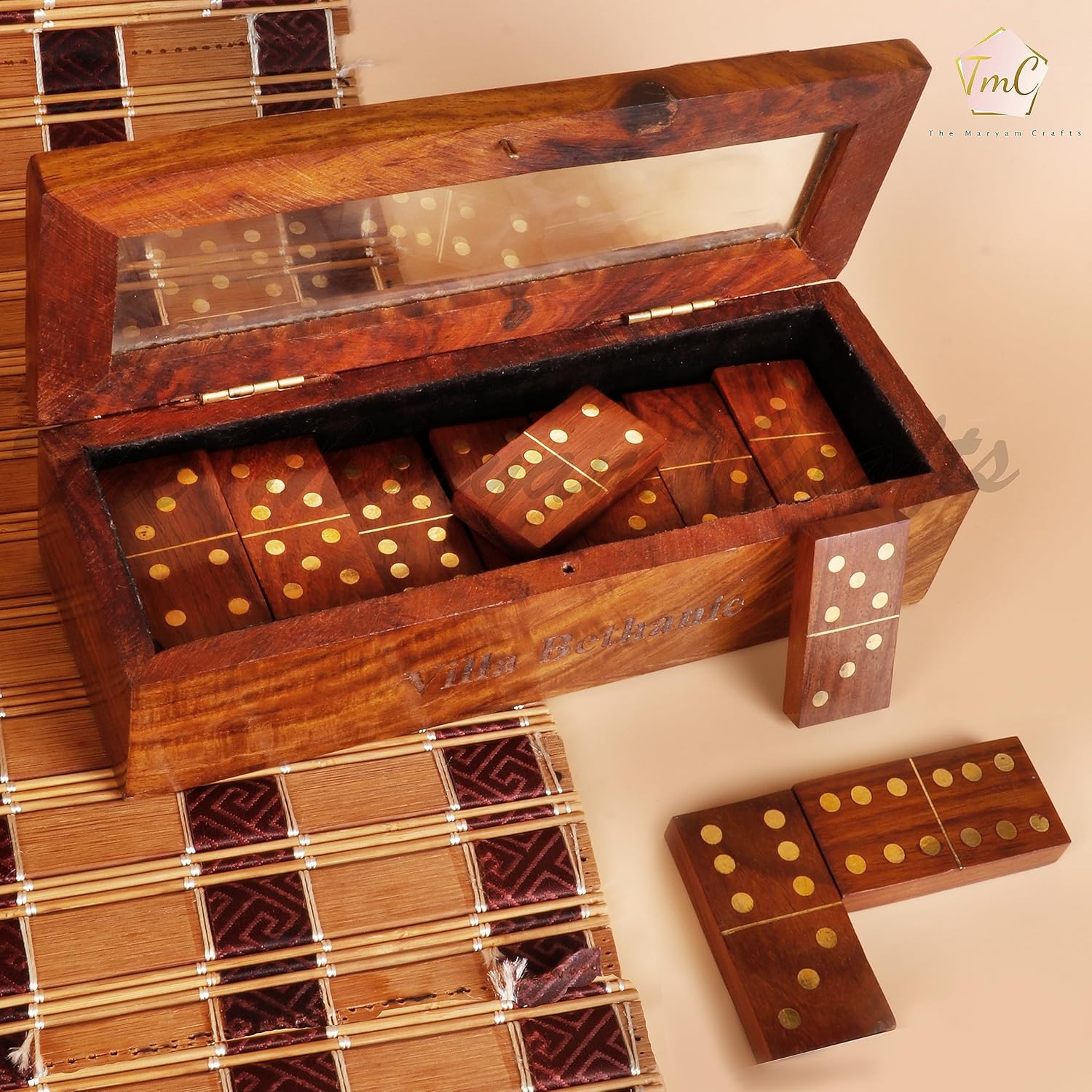 The Maryam Crafts Juego de dominó de madera hecho a mano  Doble seis tamaño profesional con caja de almacenamiento de madera decorativa (palo de