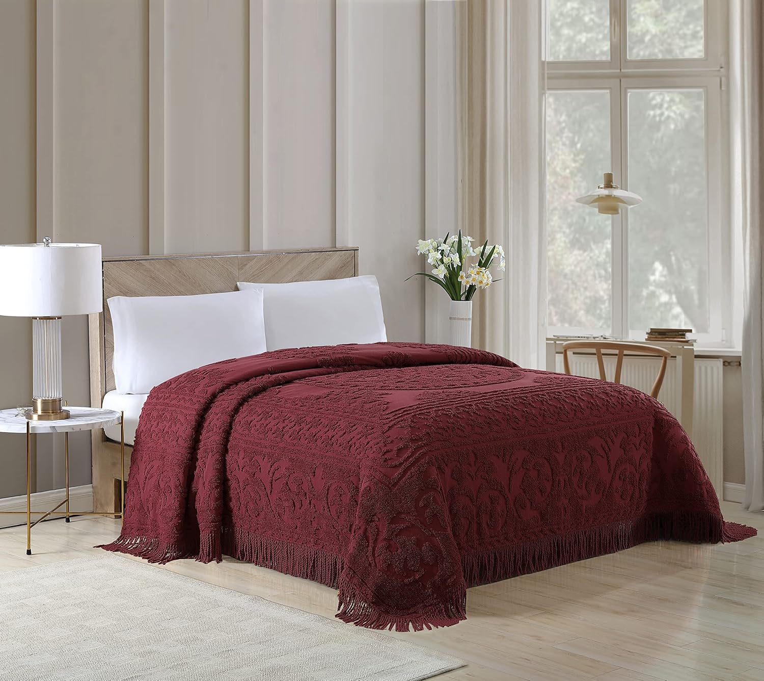 Beatrice Home Fashions – Colcha de felpilla con diseño de medallón, tamaño Queen, color borgoña
