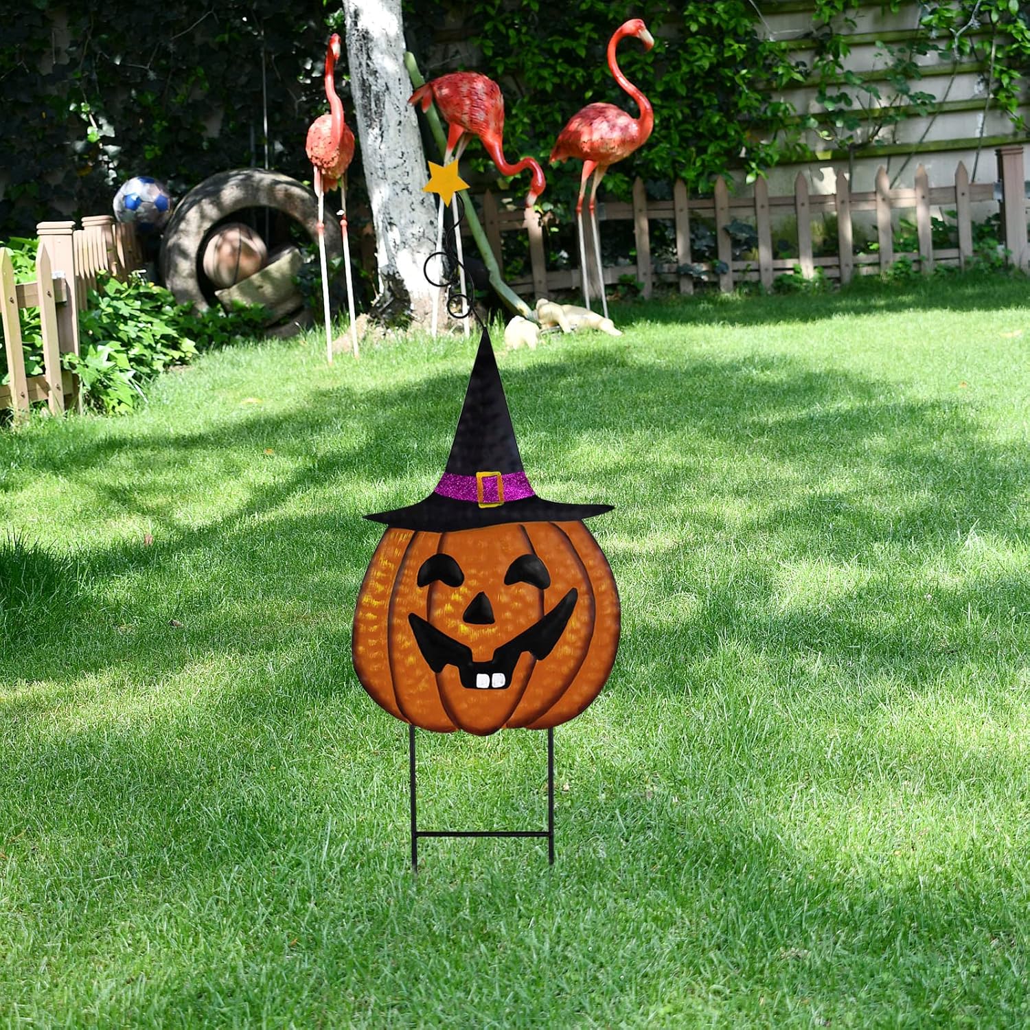 Estacas de metal para jardín de Halloween, letrero de Halloween, decoración de calabaza, estacas de metal Jack-O’-Lantern, decoración de jardín al