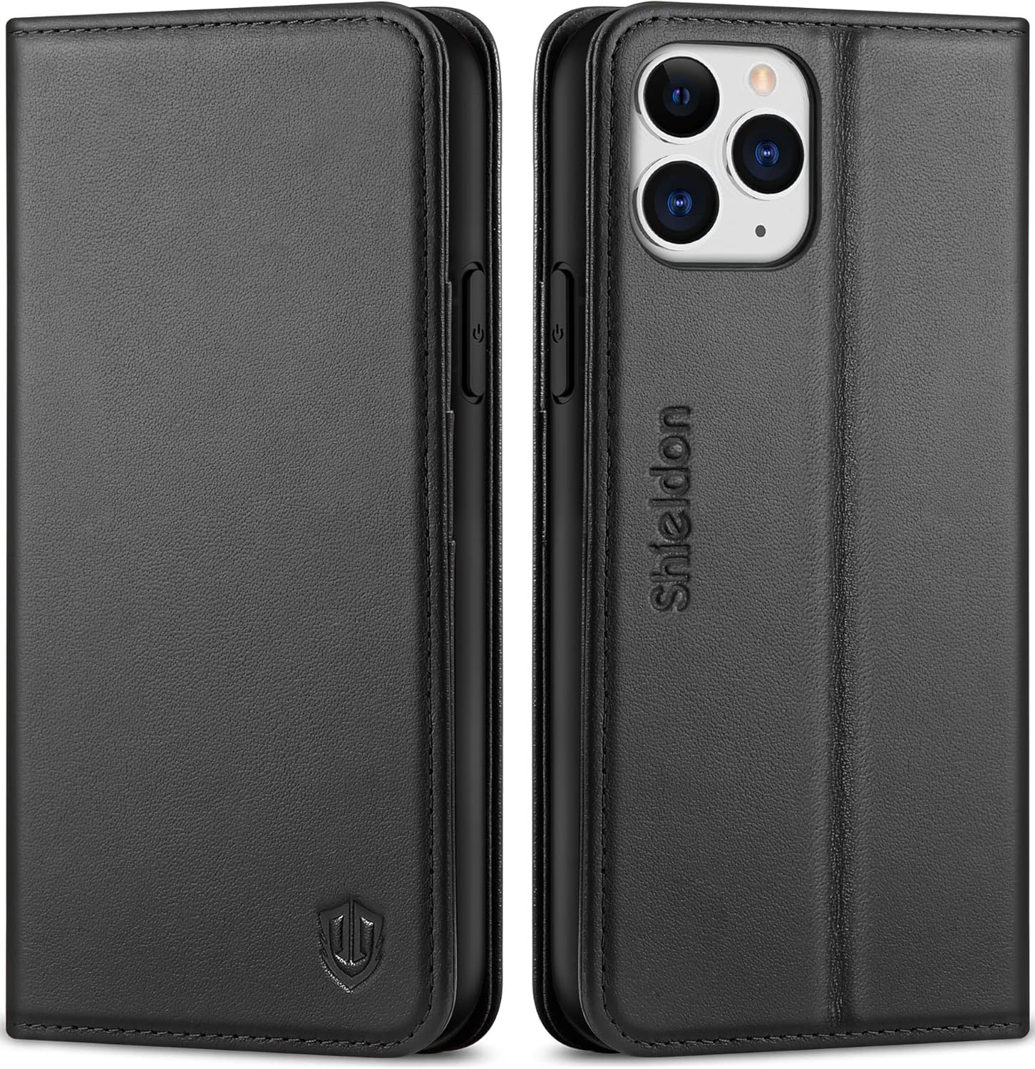 SHIELDON Funda para iPhone 11 Pro, de piel auténtica, con función de encendido y apagado automático, bloqueo RFID, ranuras para tarjetas, función