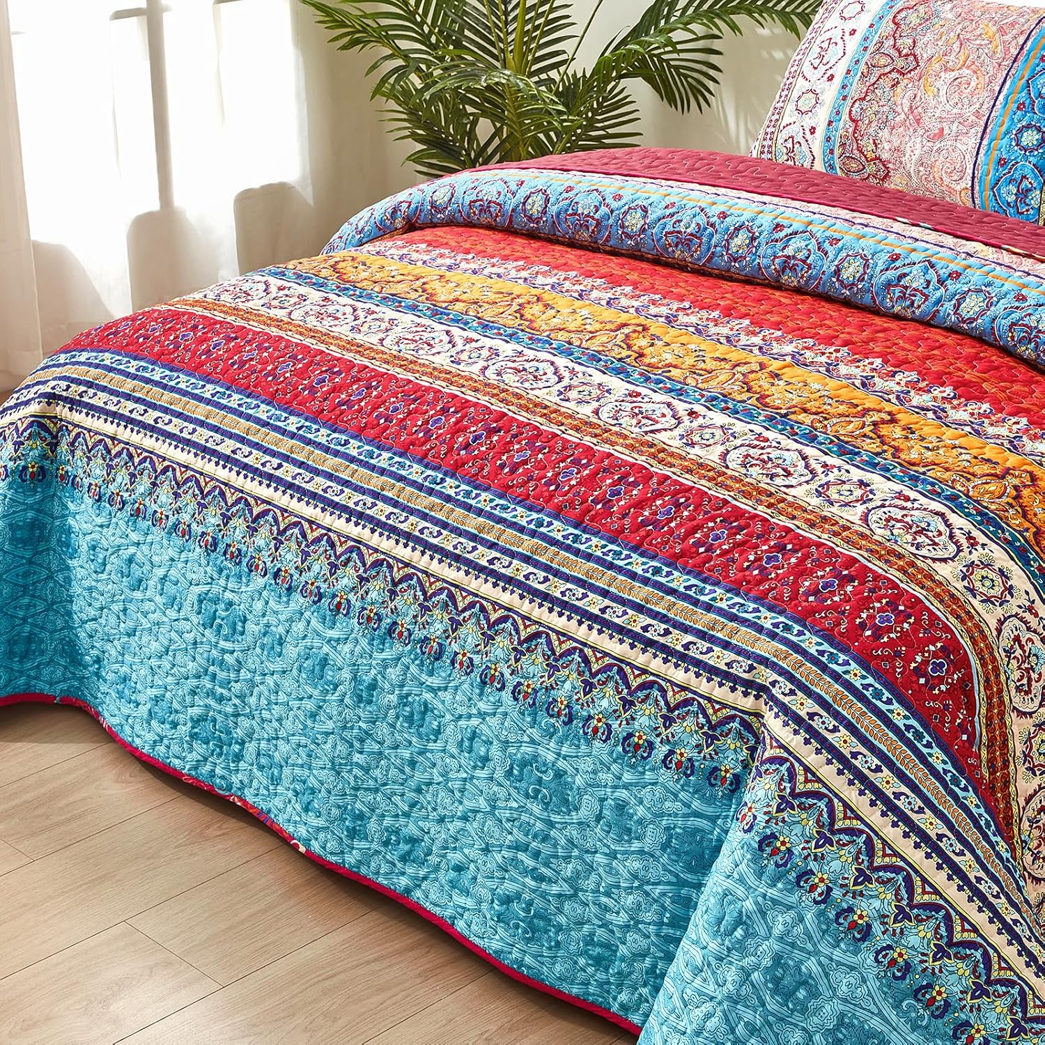 WONGS BEDDING Juego de edredón bohemio tamaño Queen, juego de edredón de 3 piezas de rayas bohemias de Navidad, juego de edredón de microfibra