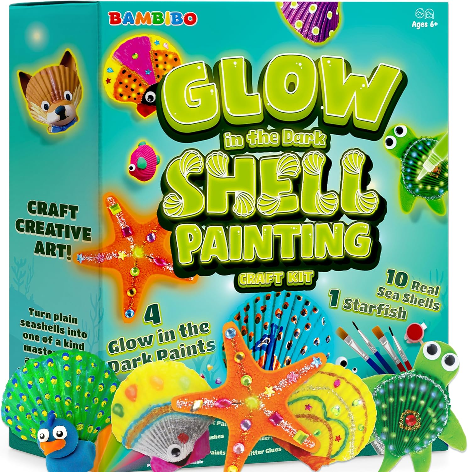 Bambibo Kit de pintura de conchas marinas para niños, paquete MEGA, 54 en 1, pintura que brilla en la oscuridad para niños, kit de arte para niños
