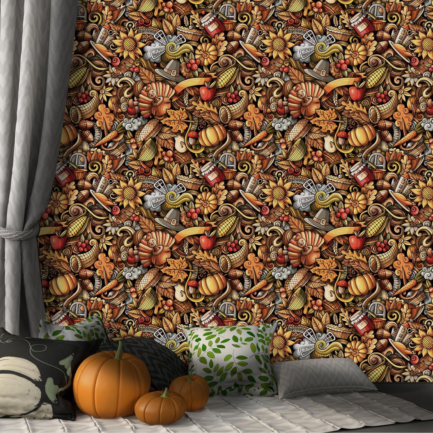 SinFung Home Papel tapiz para despegar y pegar, estilo bohemio, marrón, Día de Acción de Gracias, retro, decoración de pared para baño, mural
