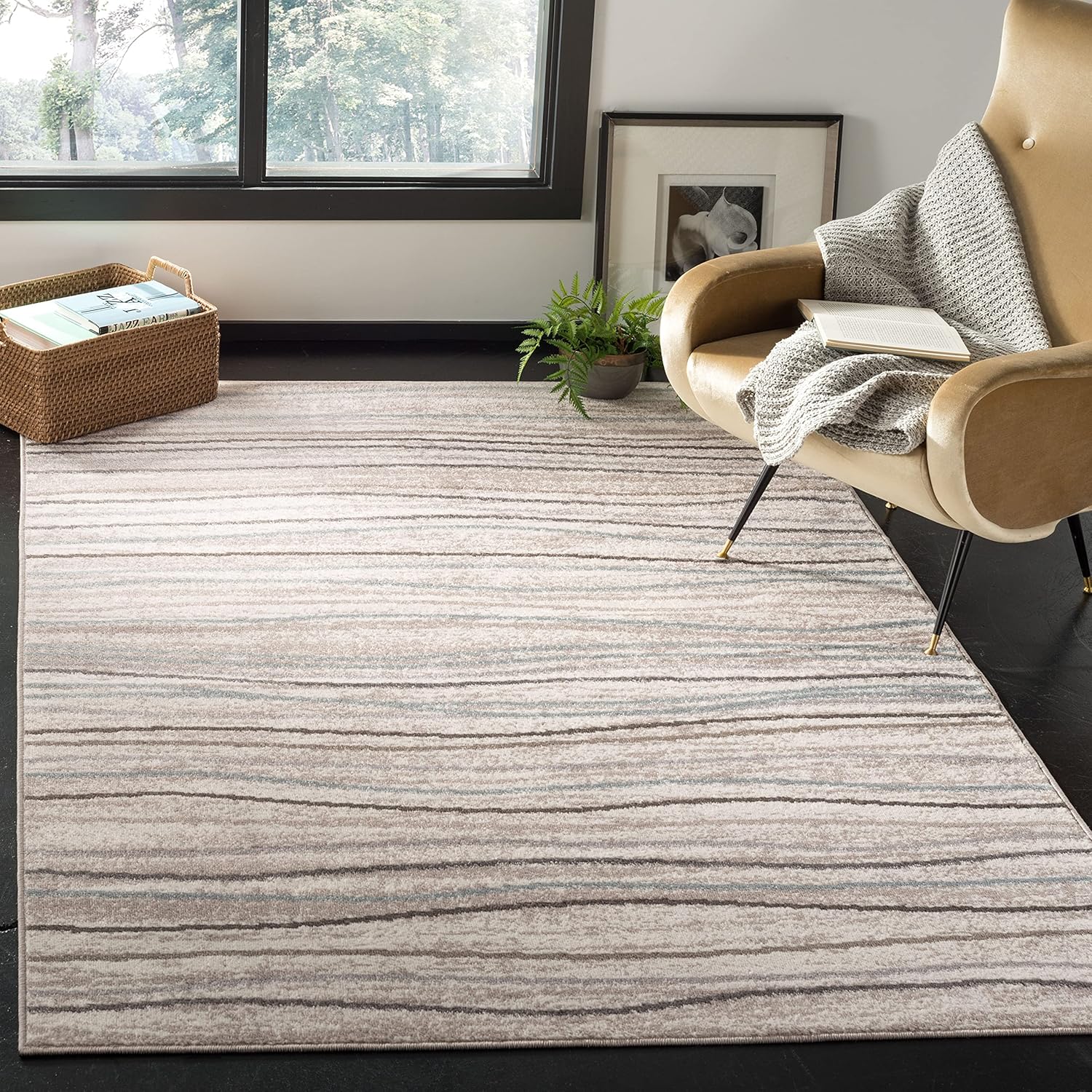 SAFAVIEH Amsterdam Collection AMS111A – Alfombra decorativa de 4 x 6 pies, color crema y beige, diseño moderno de ondas, no desprende pelusa y de