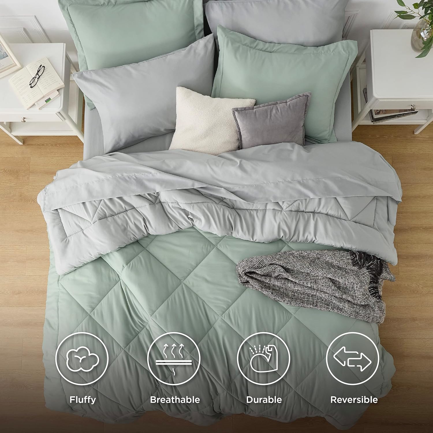 Bedsure Juego de edredón, king, reversible, de 7 piezas, en una bolsa, con edredón, sábanas, fundas de almohada y fundas, verde salvia