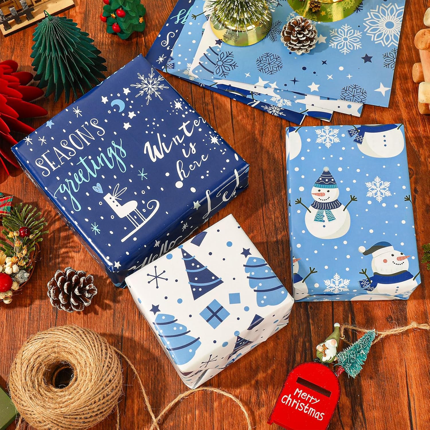AnyDesign – 12 hojas de papel de regalo de Navidad, papel de regalo de invierno azul y blanco, copos de nieve a granel, papel de arte de árbol de