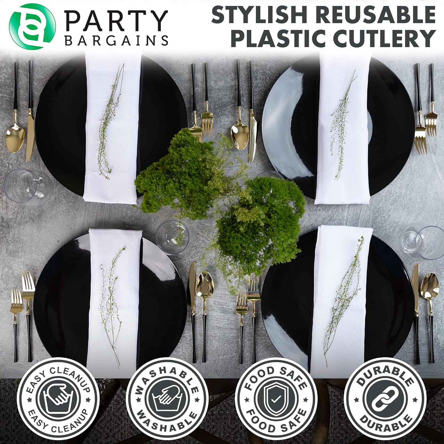 Party Bargains Tenedores desechables de plástico para cena, 20 unidades, negro y dorado, cubiertos de cocina de diseño moderno infinito, perfectos