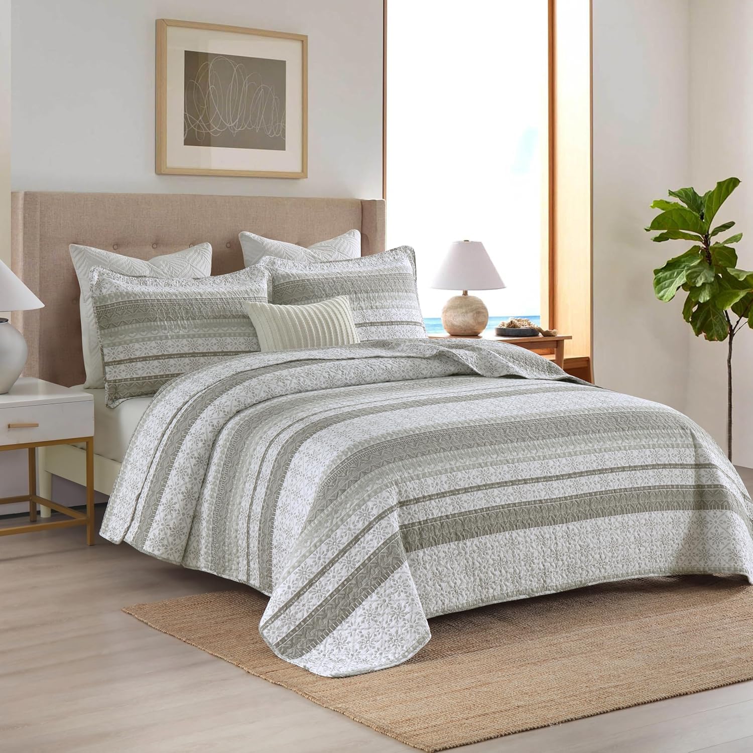 Homzard Juego de edredón Queen con rayas horizontales grises y blancas, vintage, geométrico, floral, 100% algodón, juego de ropa de cama de 3 piezas